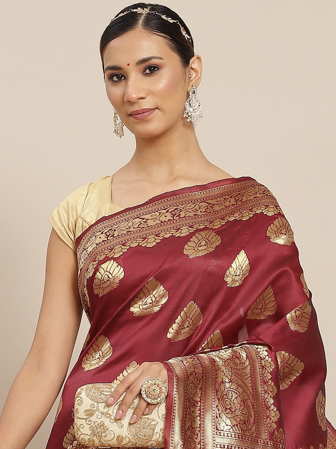 

Ishin Maroon & Golden Woven Design Banarasi Saree