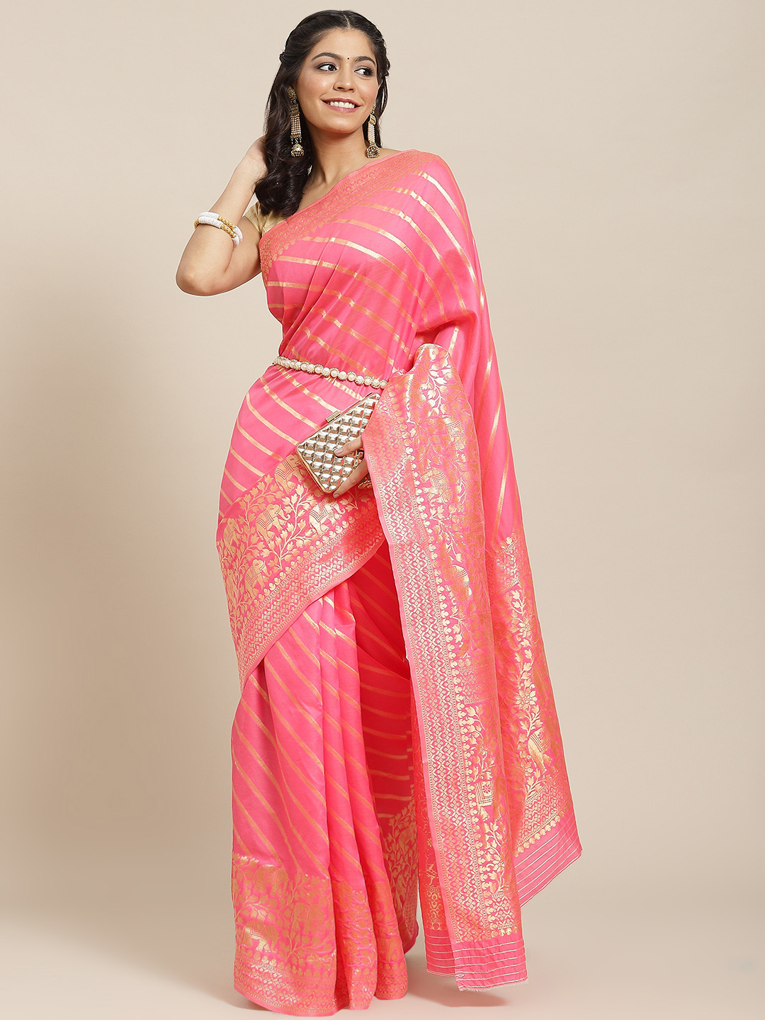 

Ishin Pink & Golden Striped Zari Art Silk Banarasi Saree