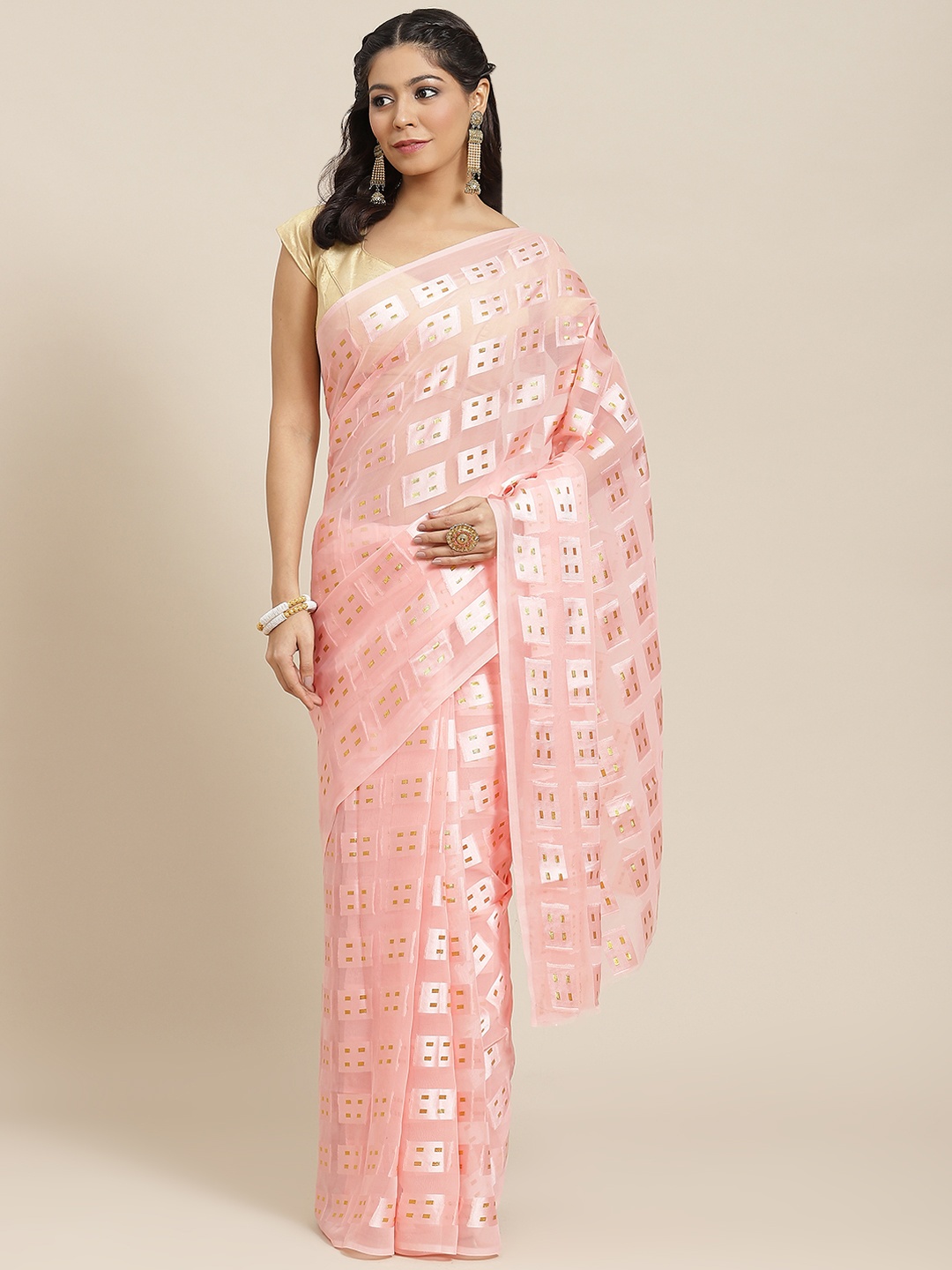 

Ishin Pink & Golden Woven Design Poly Georgette Saree