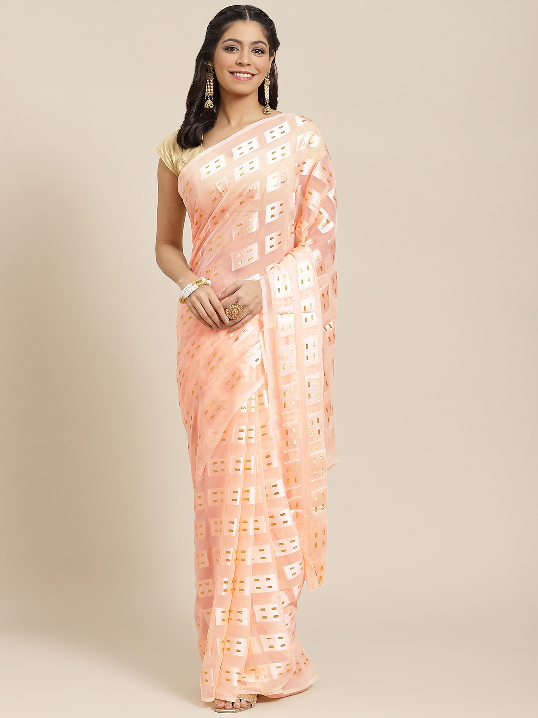 

Ishin Peach-Coloured & Golden Woven Design Poly Georgette Saree