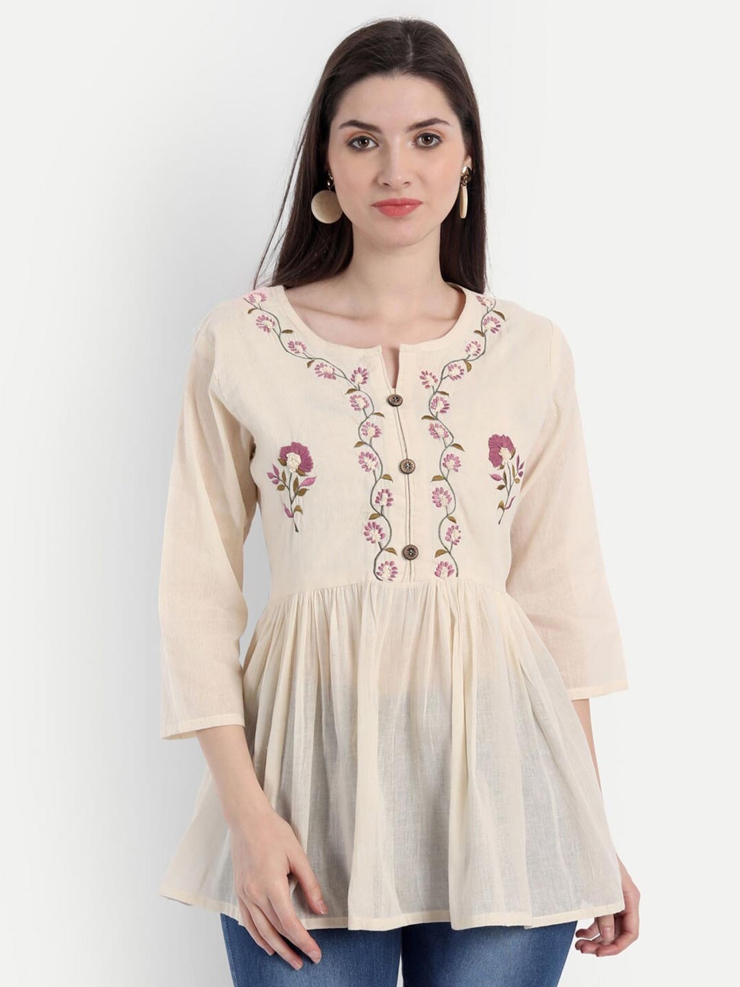 

DEALSEVEN FASHION Beige & Pink Embroidered Tunic