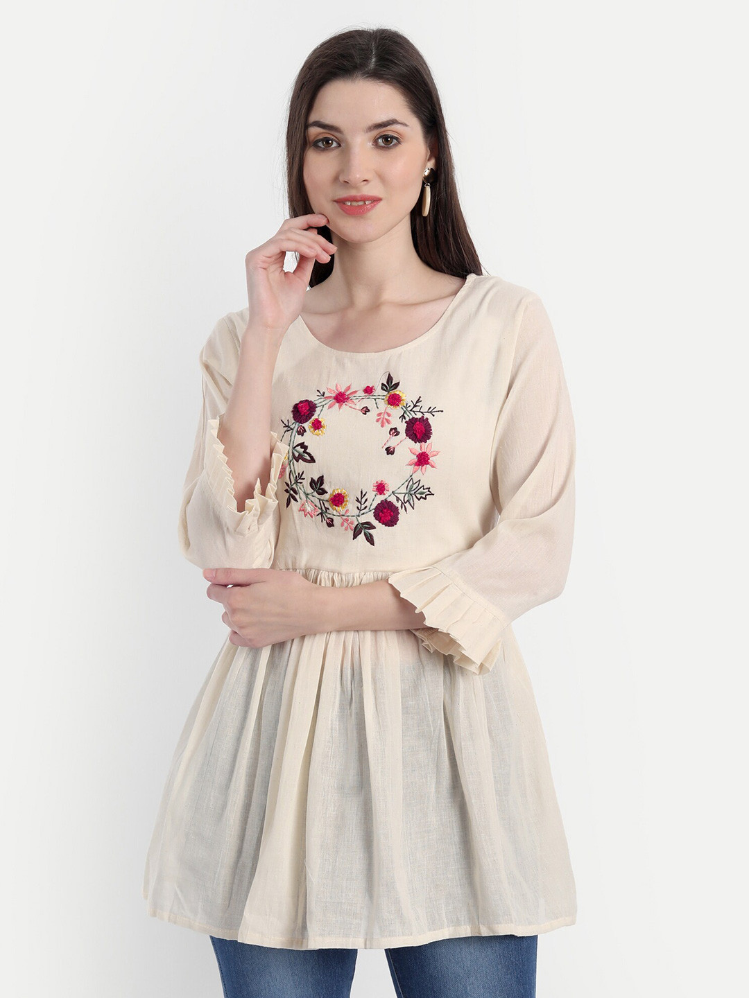 

DEALSEVEN FASHION Women Beige & Pink Embroidered Cotton Tunic