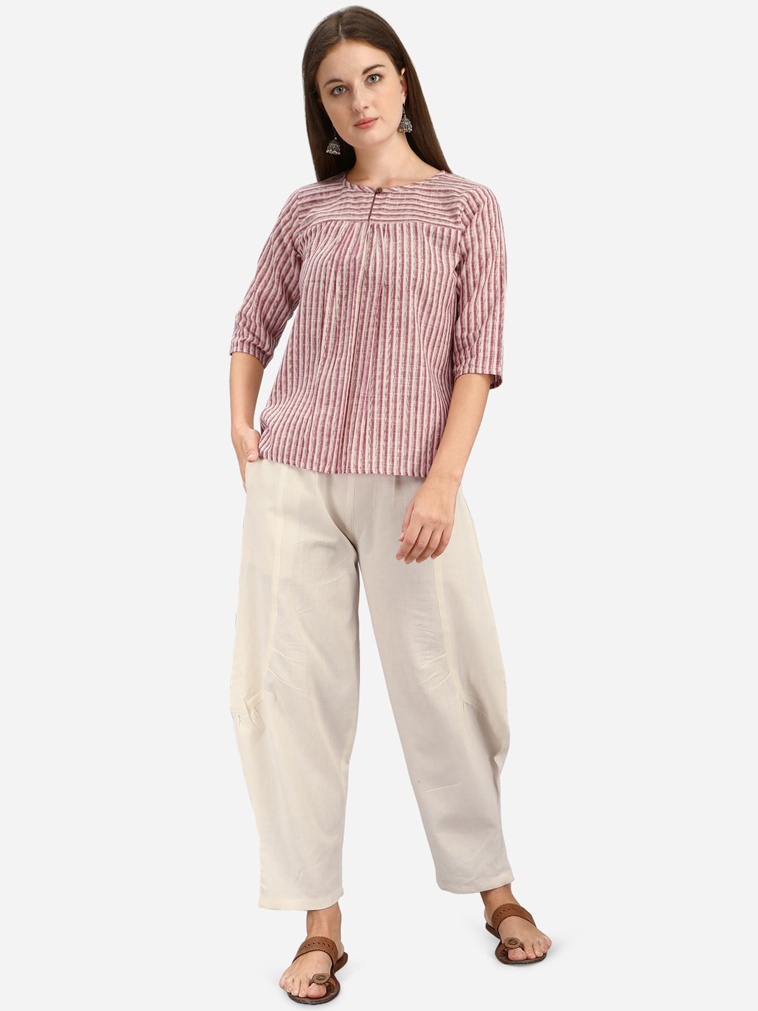 

MESMORA FASHION Women Pink & Off-White Striped Pure Organic Cotton Co-Ords Set