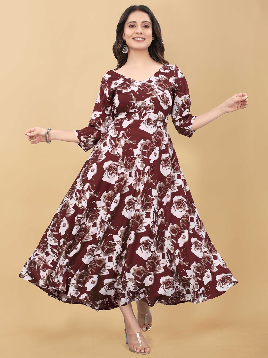 

WEAVETECH IMPEX Maroon Floral Crepe Maxi Dress