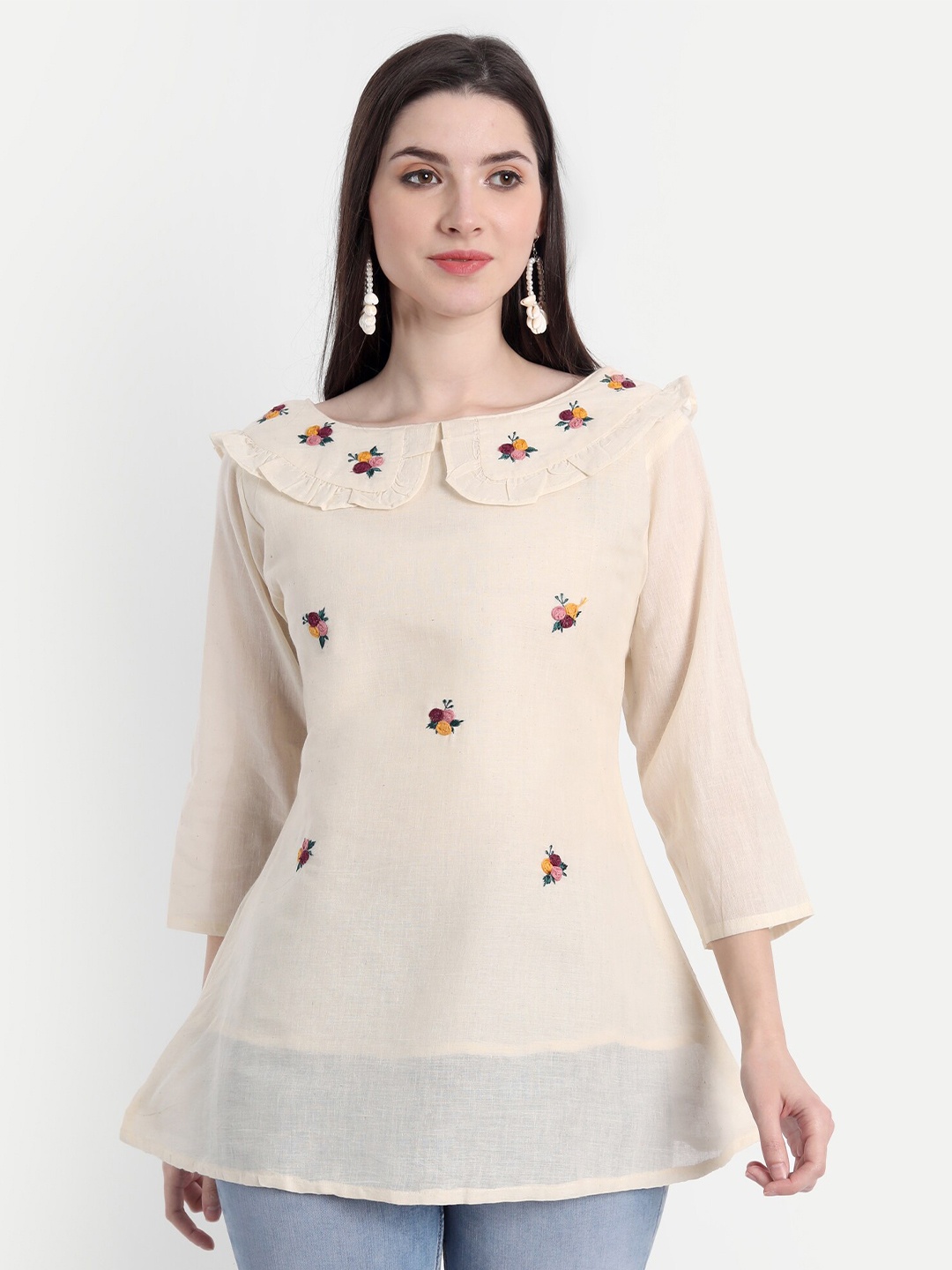 

DEALSEVEN FASHION Beige & Pink Floral Embroidered Tunic