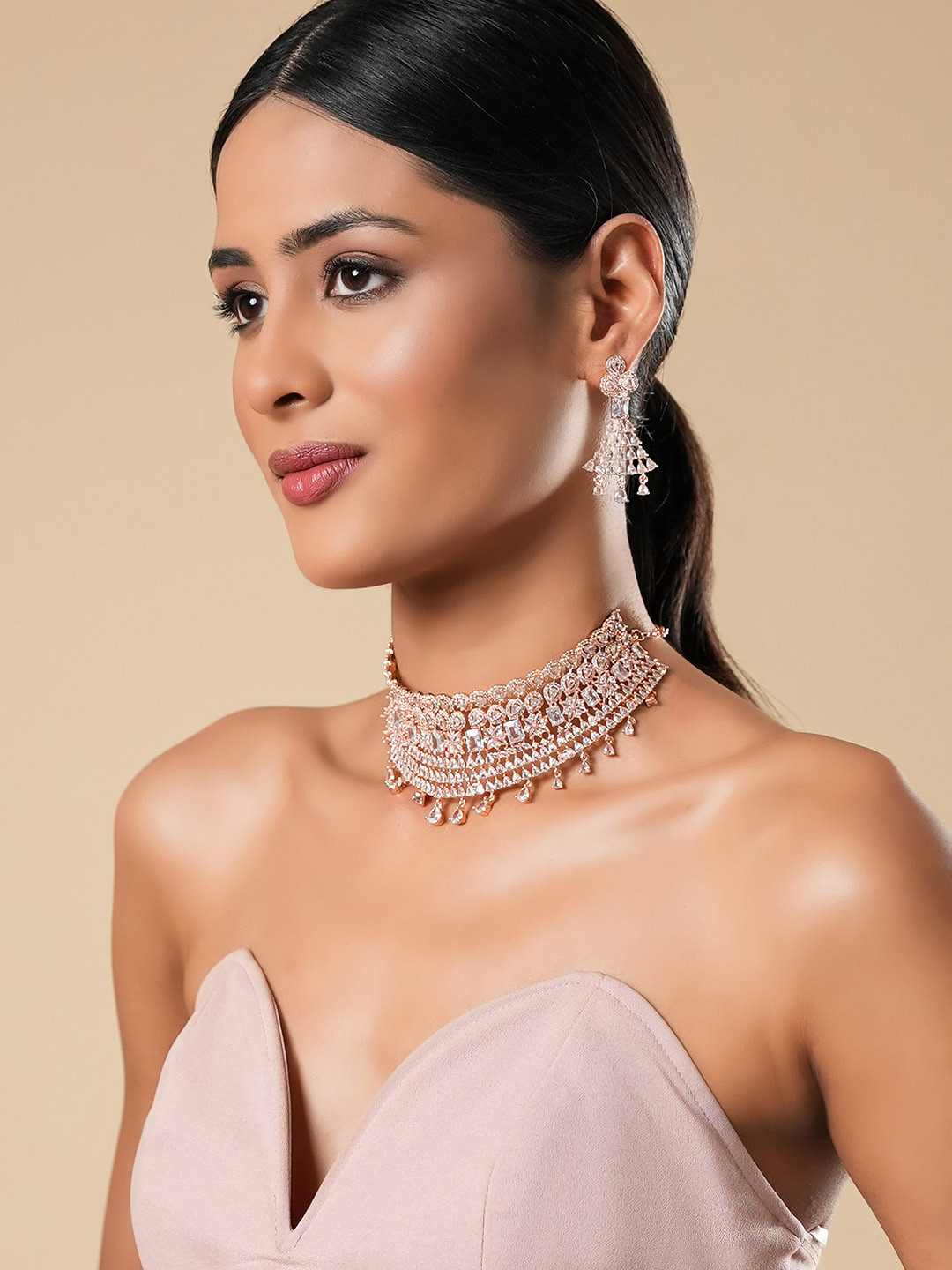 

Yellow Chimes Rose Gold Plated White AD Stone Studded Jewellery Set