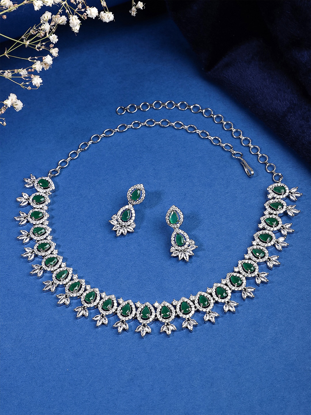 

Yellow Chimes Rhodium Plated American Diamond Studded Jewellery Set, Green