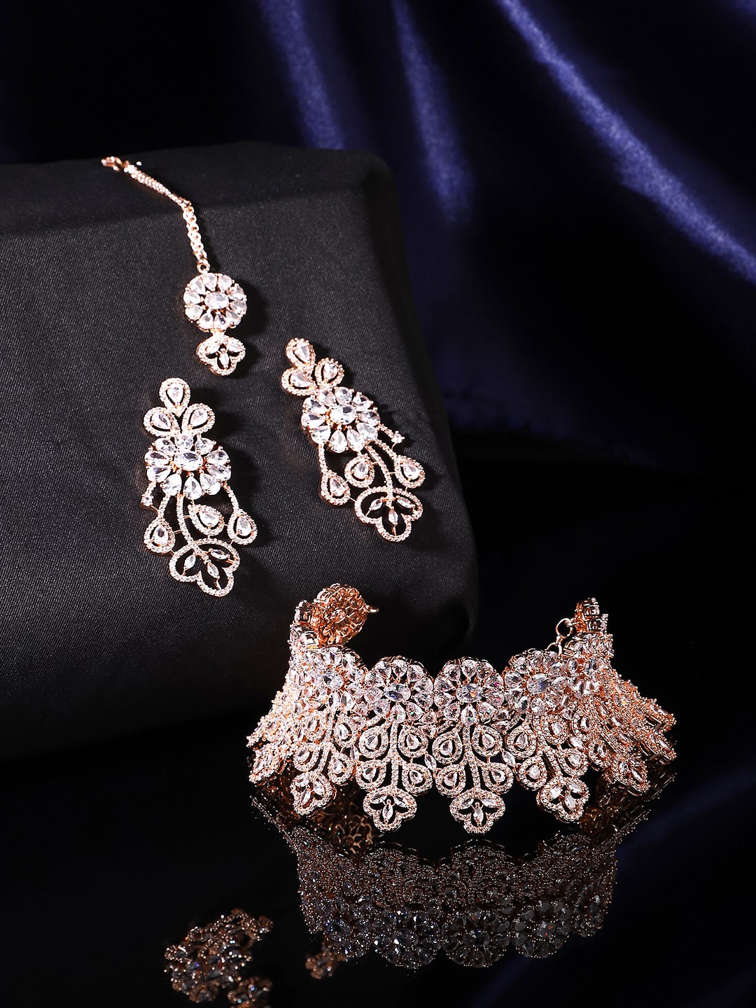 

Yellow Chimes Rose Gold-Plated White AD- Studded Jewellery Set