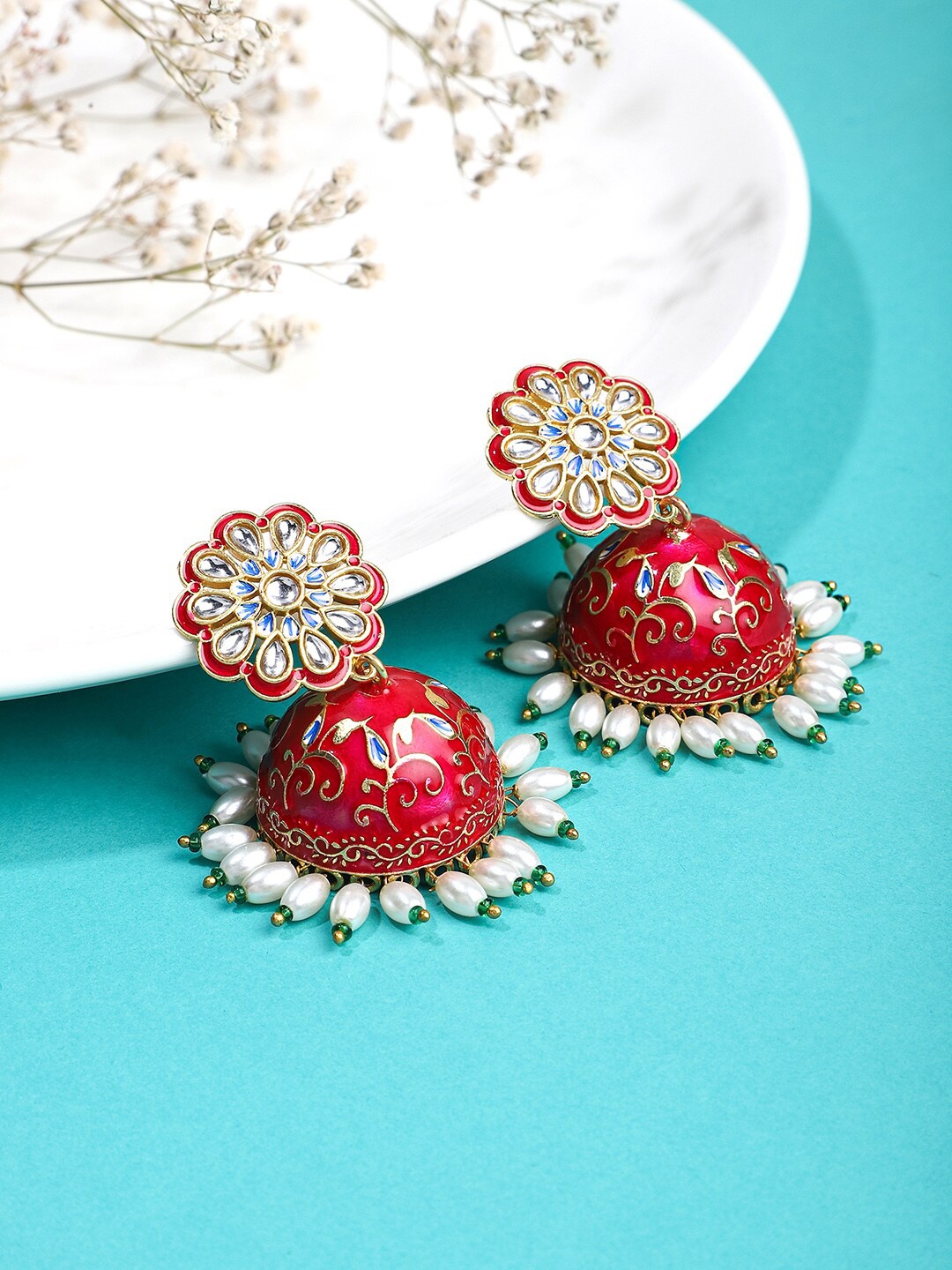 

Yellow Chimes Red & Gold-Toned Meenakari Jhumkas Earrings