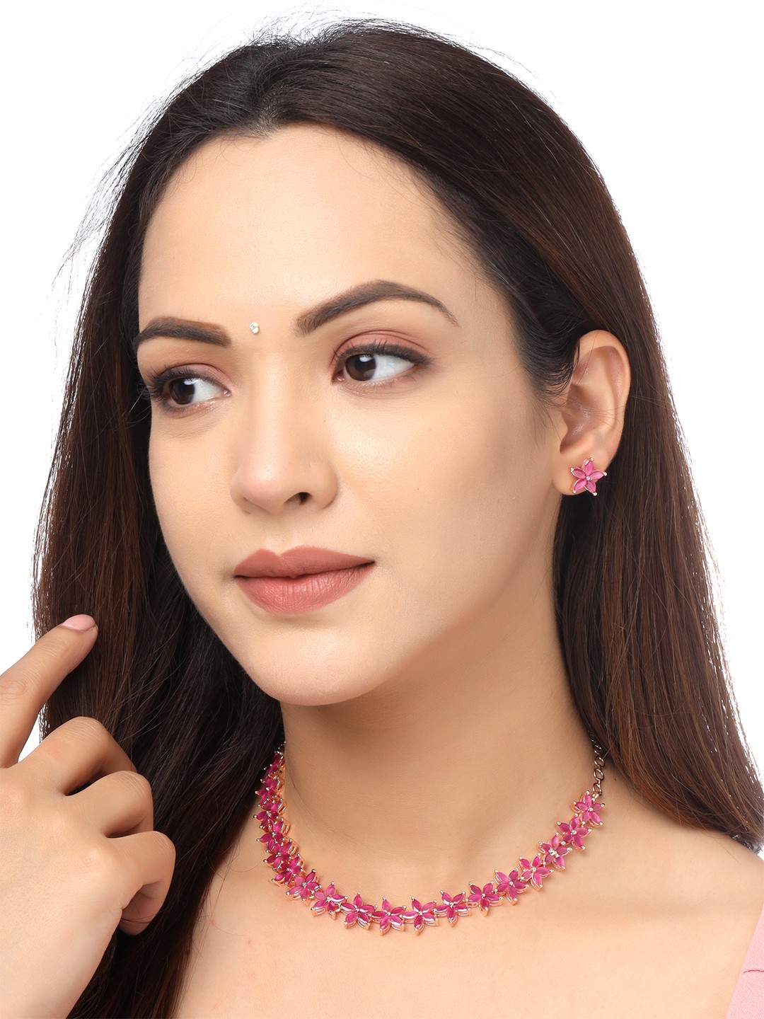

Yellow Chimes Rose gold-Plated Pink AD-Studded Jewellery Set