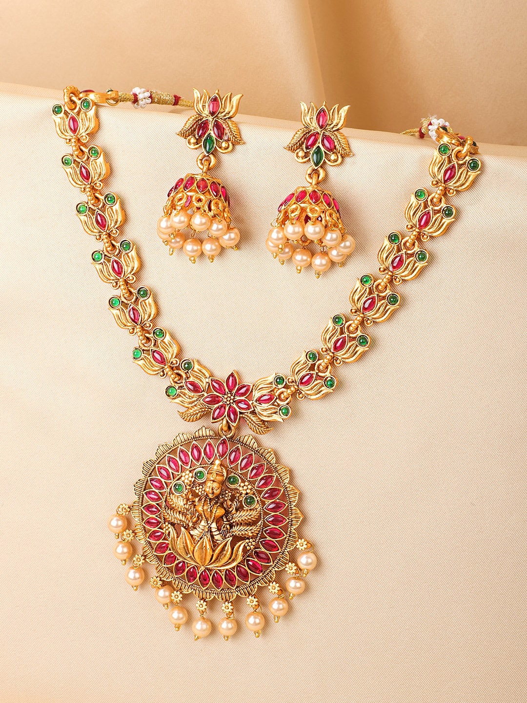 

Yellow Chimes Gold-Plated Goddess Lakshmi Lotus Temple Jewellery Set