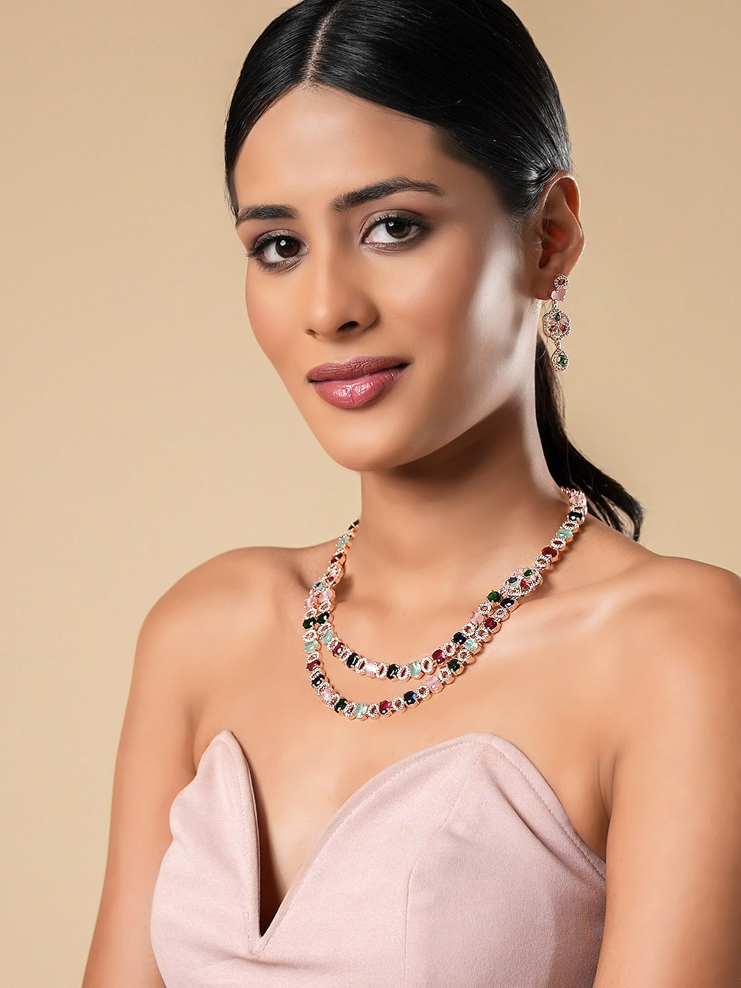 

Yellow Chimes Rose Gold-Plated Red & Green AD Studded & Beaded Jewellery Set