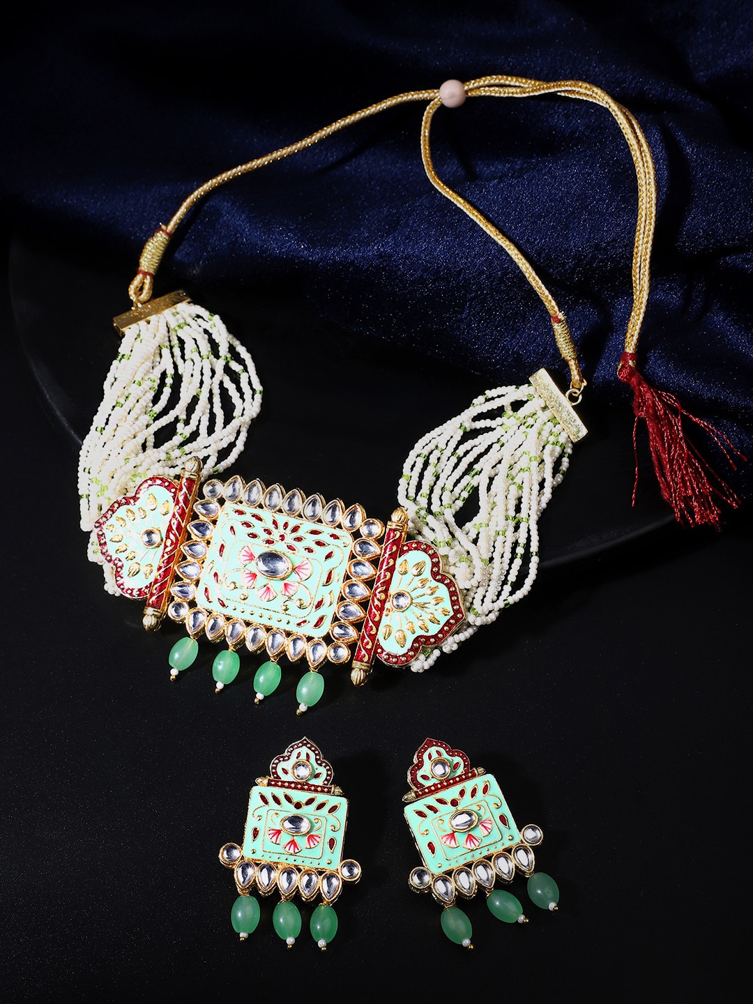 

Yellow Chimes Gold-Plated Green & White Kundan Studded Jewellery Set