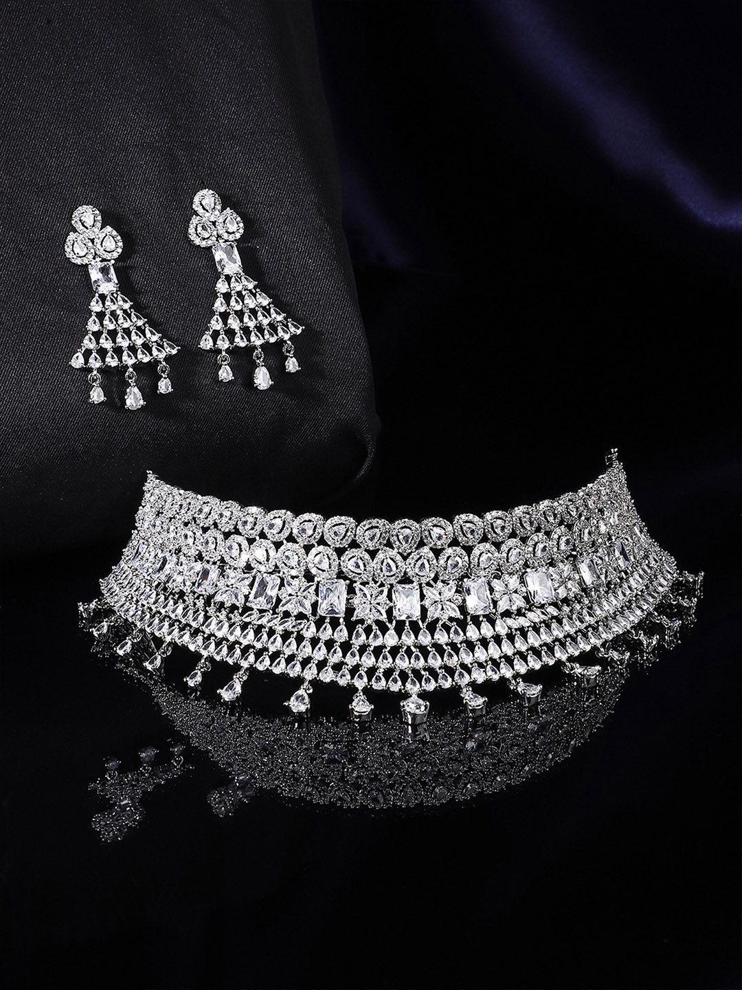 

Yellow Chimes Rhodium-Plated Silver-Toned & White AD Stone Studded Jewellery Set