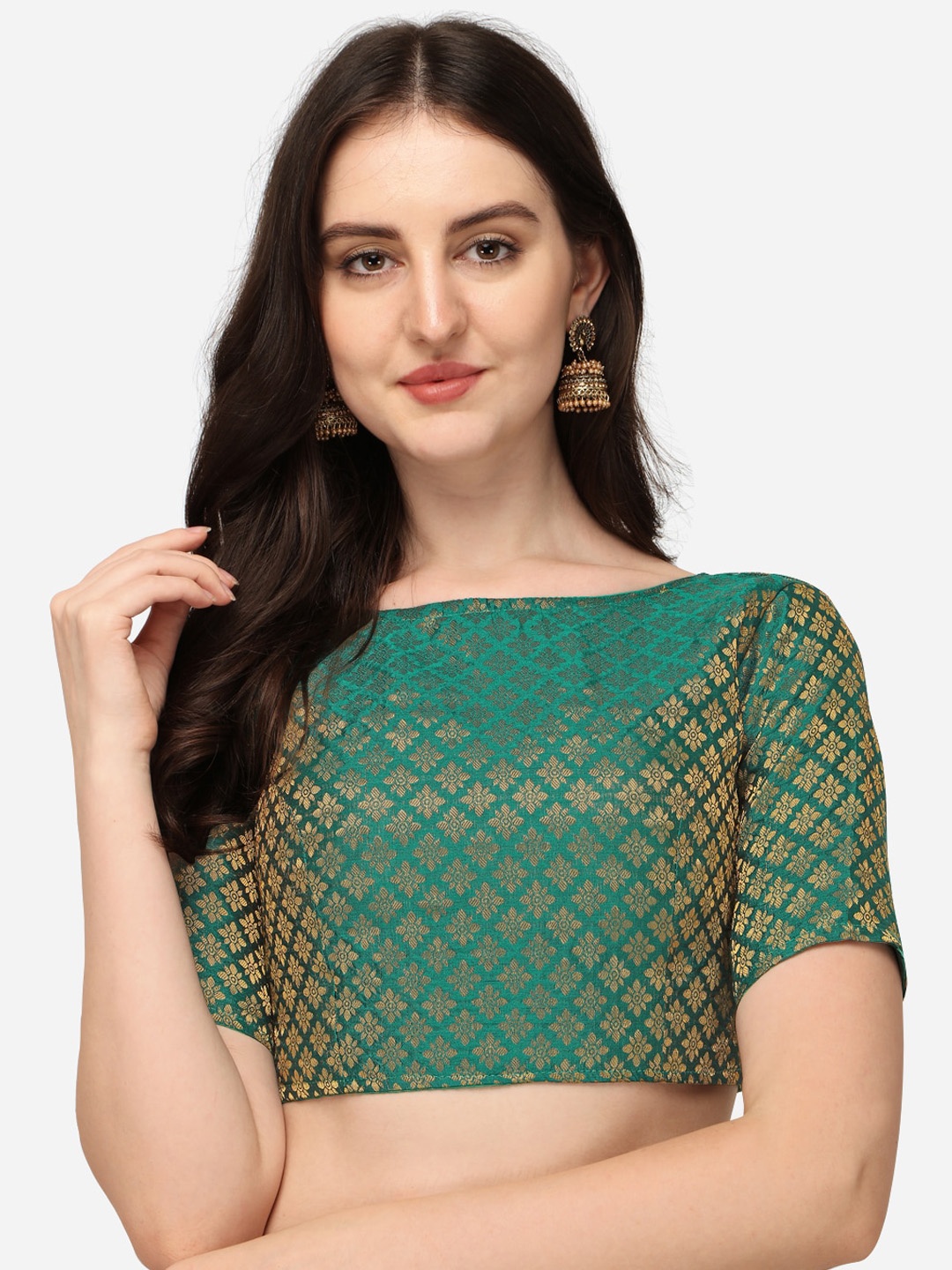 

Amrutam Fab Women Green Jacquard Woven Saree Blouse