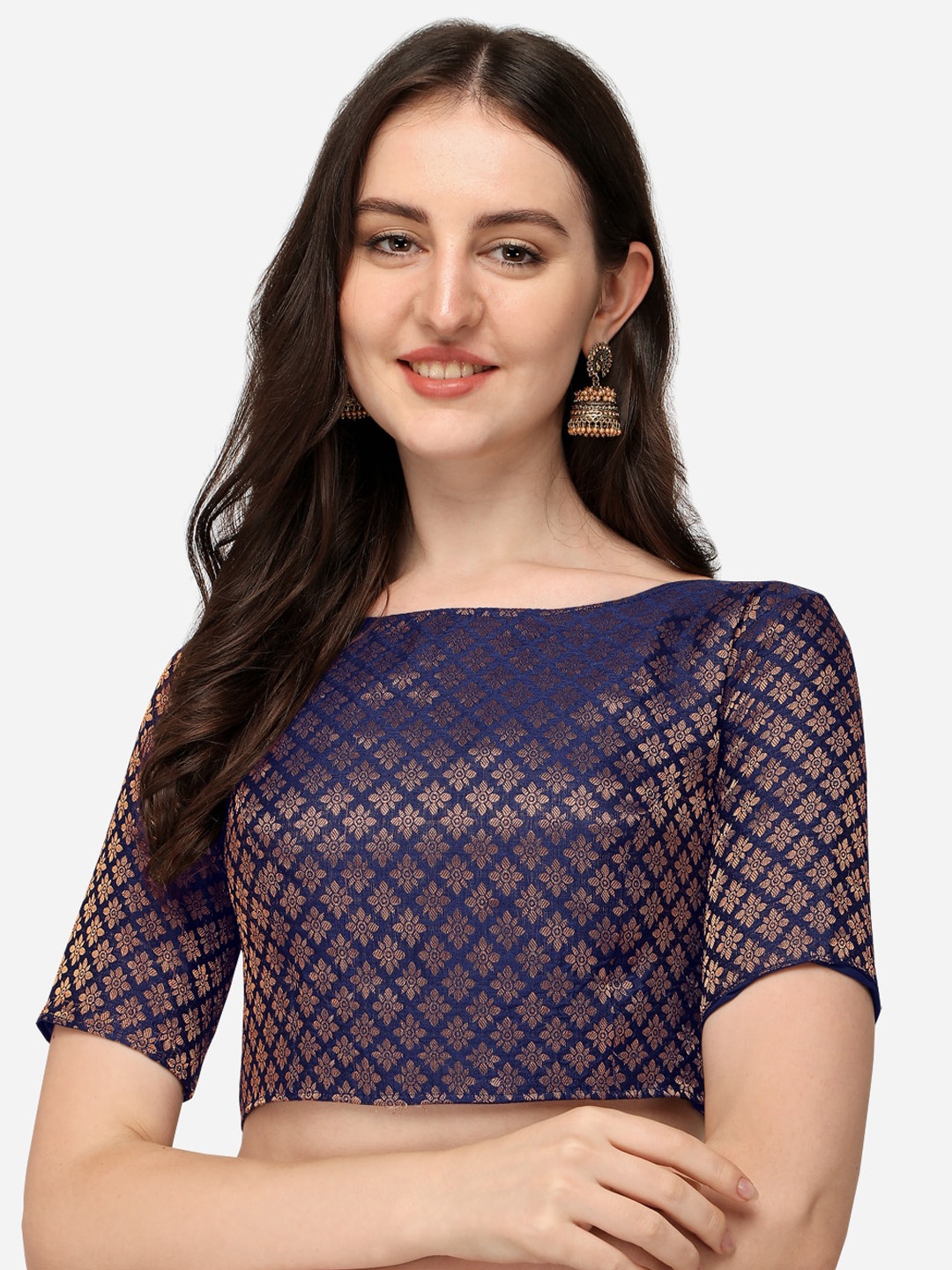 

Amrutam Fab Women Navy Blue & Gold-Toned Woven-Design Jacquard Saree Blouse
