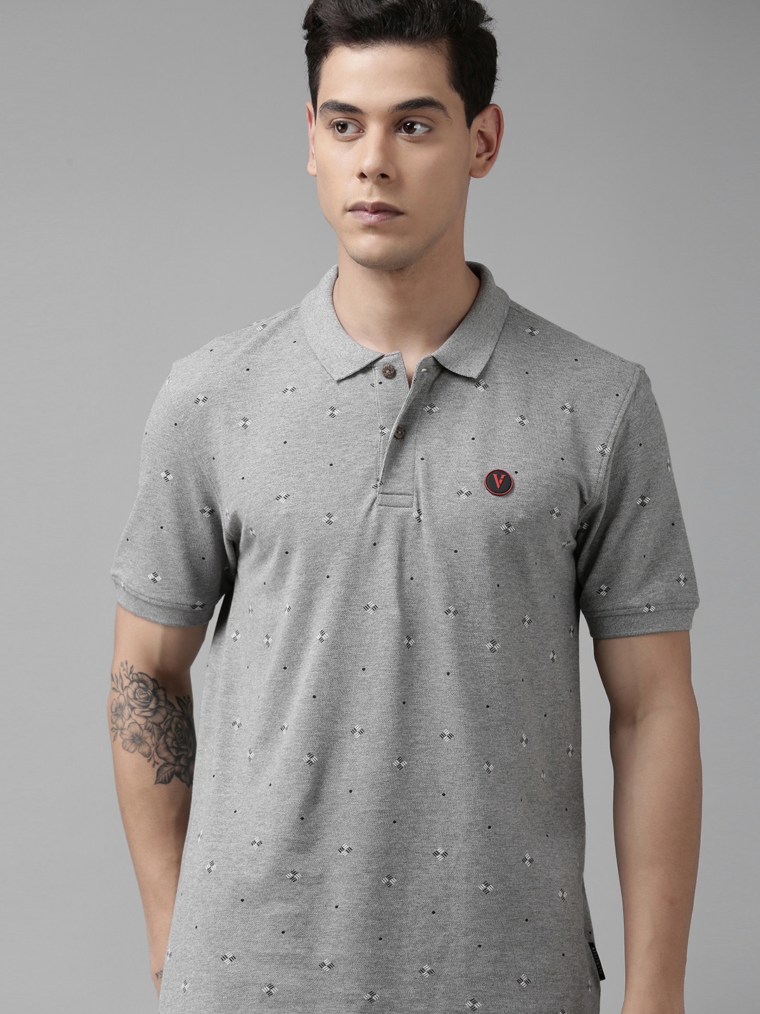 

Van Heusen Sport Men Grey Printed Polo Collar Pure Cotton T-shirt