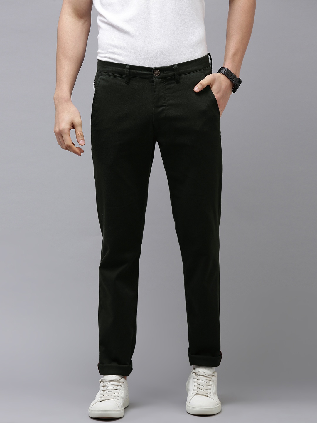 

Van Heusen Sport Men Black Self Design Textured Slim Fit Mid-Rise Plain Woven Trousers