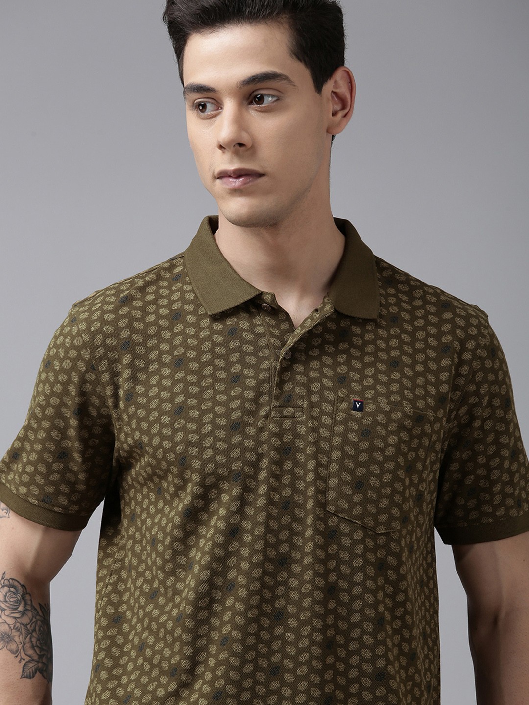 

Van Heusen Sport Men Olive Green Printed Polo Collar Pure Cotton T-shirt