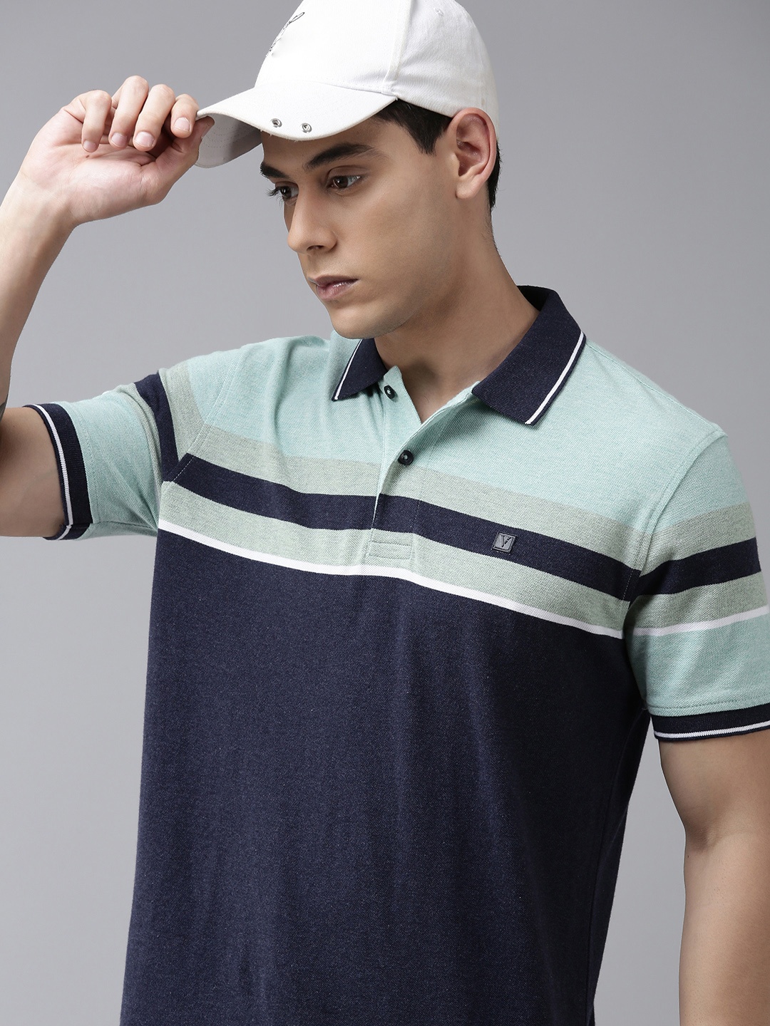 

Van Heusen Sport Men Navy Blue Colourblocked Polo Collar Pure Cotton T-shirt
