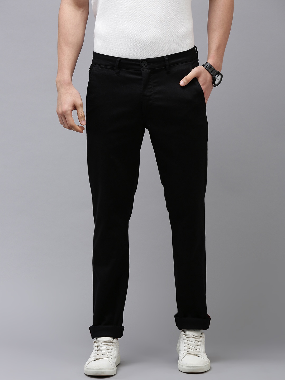 

Van Heusen Sport Men Black Textured Slim Fit Trousers