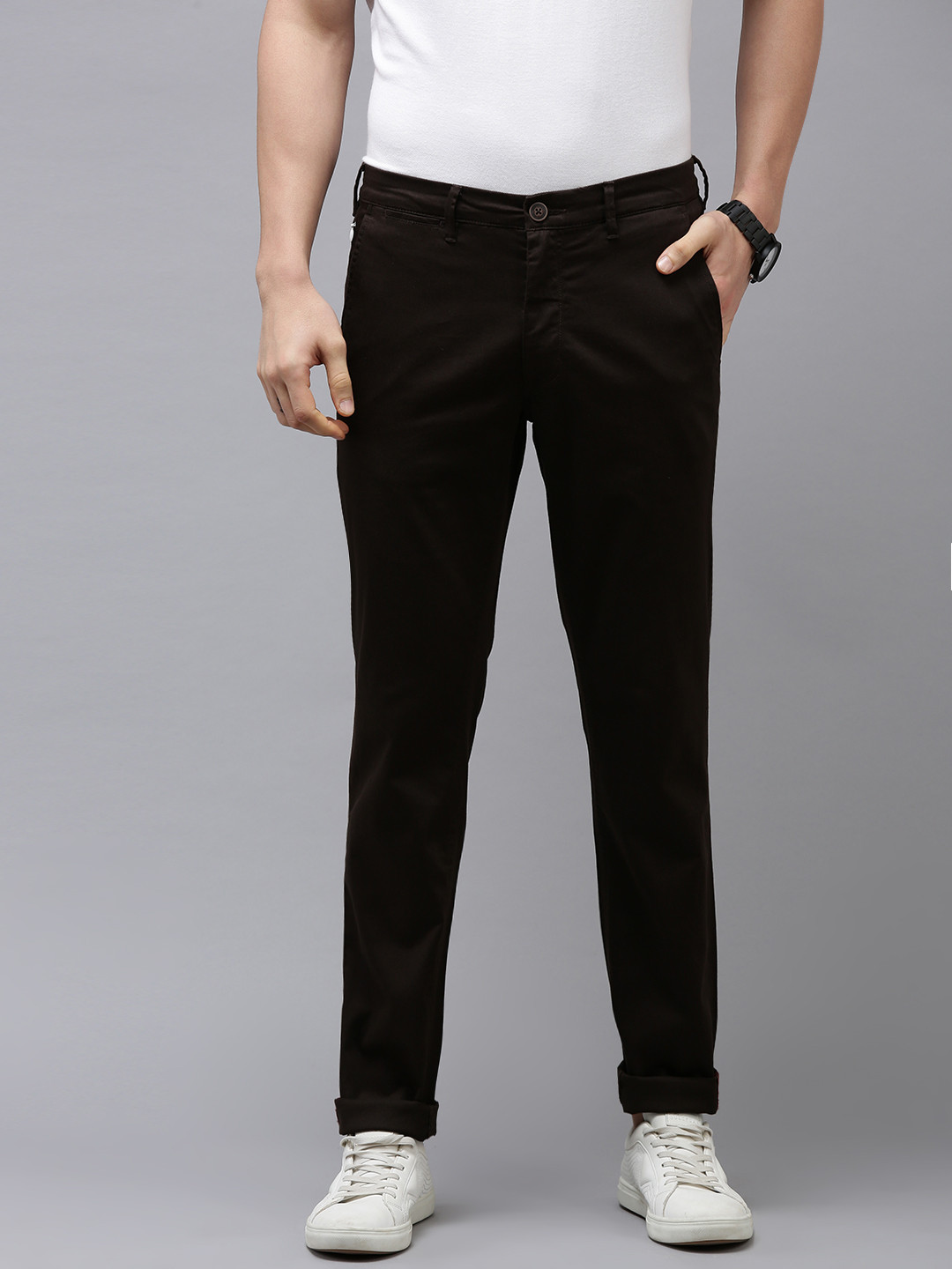 

Van Heusen Sport Men Brown Solid Slim Fit Trousers, Black
