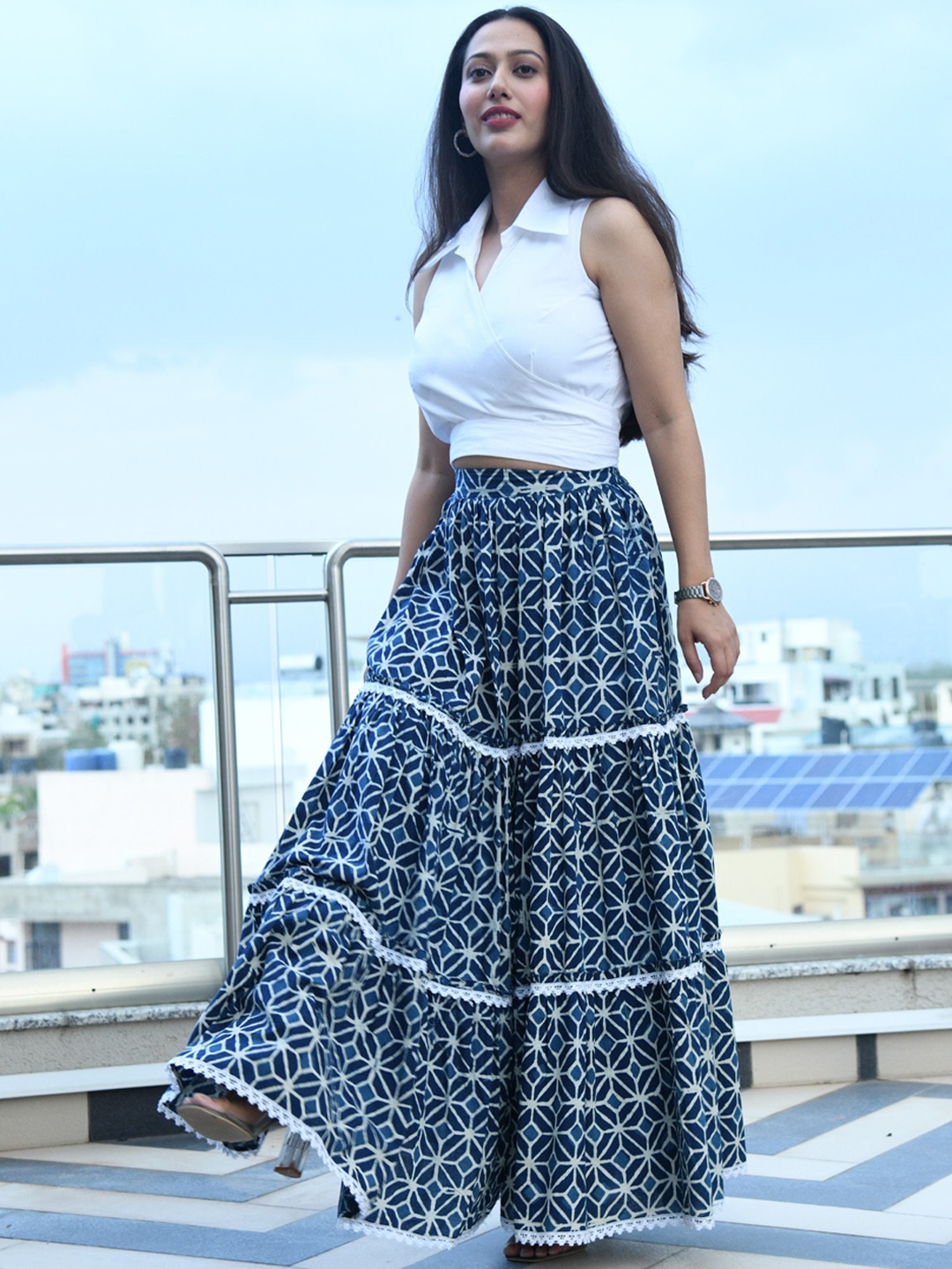 

mulmul.com Women Blue Tiered Skirt & Wrap Shirt Co-Ords