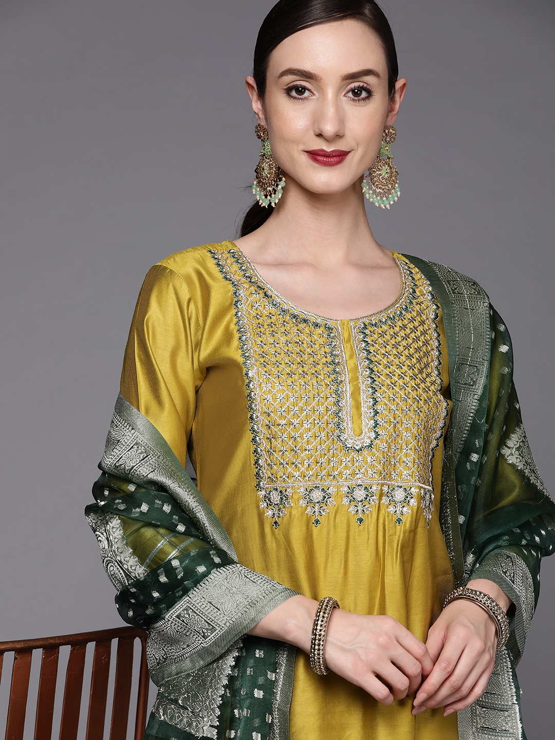 

Indo Era Women Olive Green Ethnic Motifs Yoke Design Liva Kurta with Palazzos & Dupatta