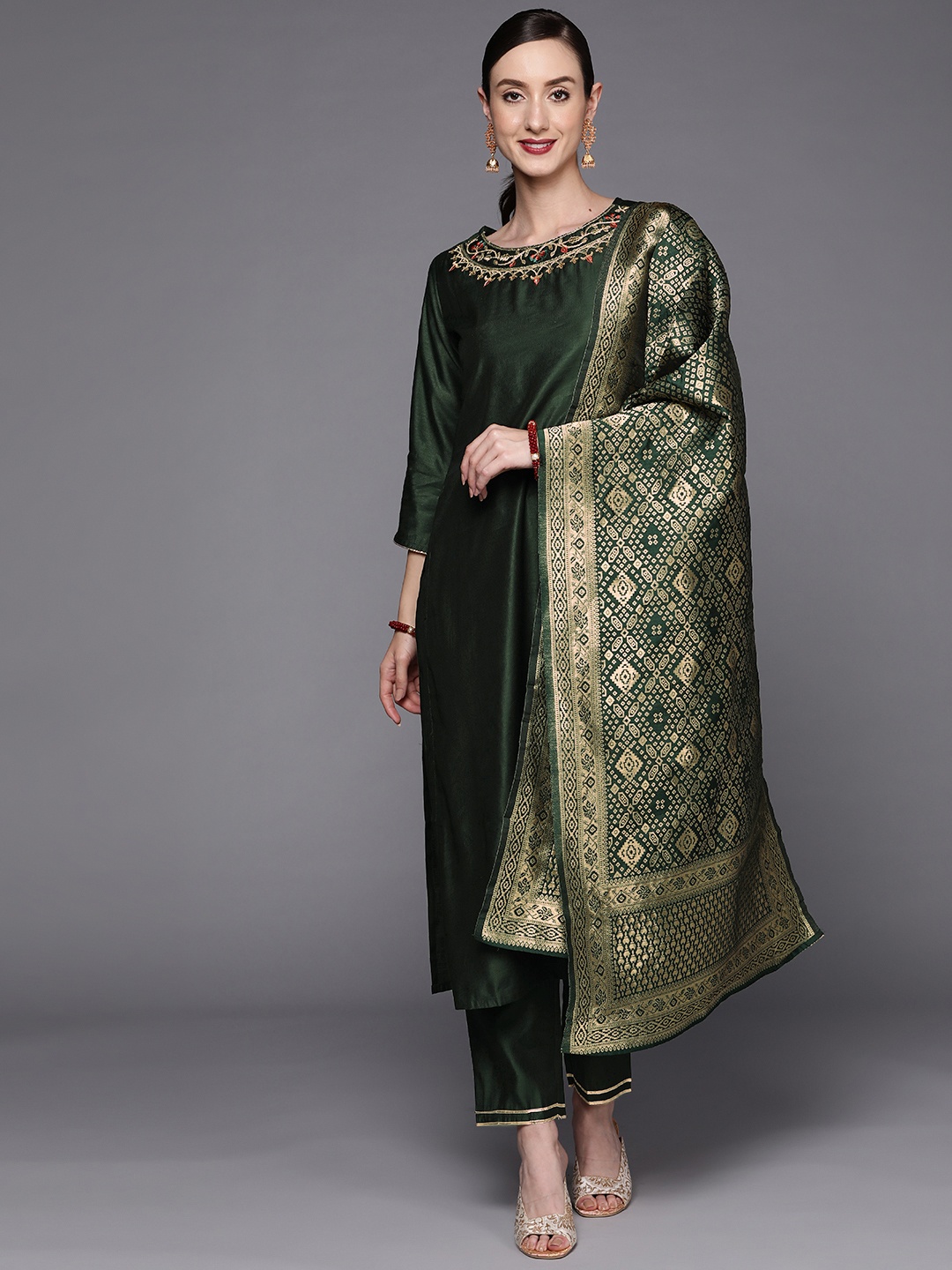 

Indo Era Women Green Embroidered Sequinned Liva Kurta with Trousers & Dupatta