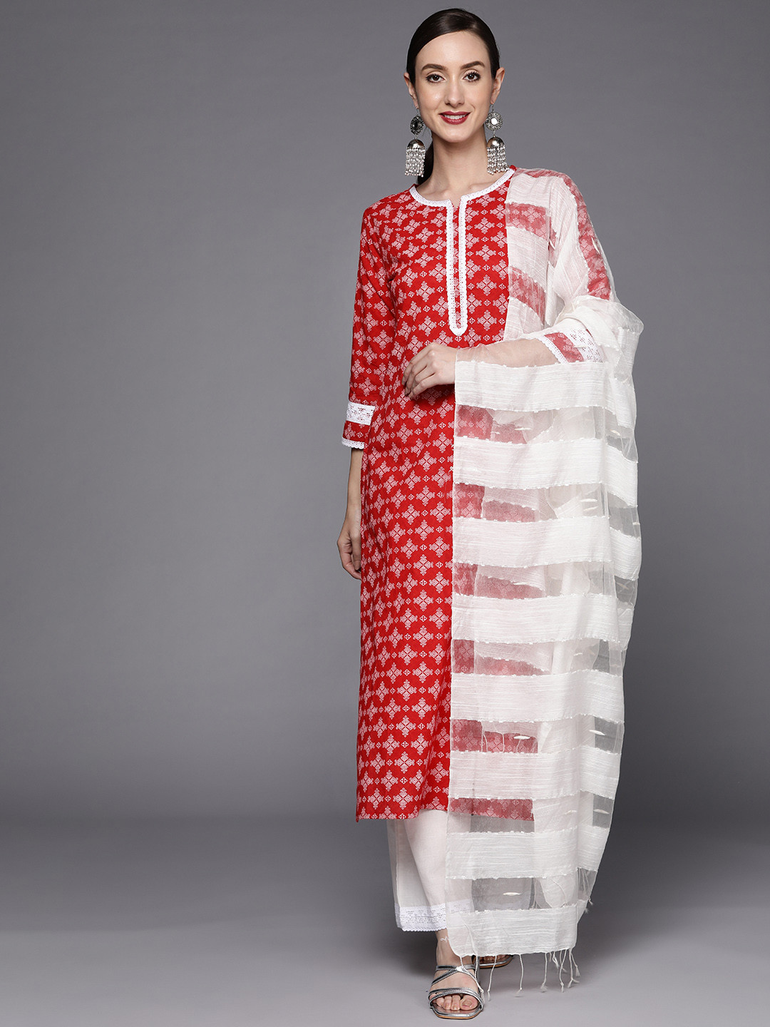 

Indo Era Women Red Ethnic Motifs Printed Thread Work Pure Cotton Kurta with Palazzos & With Dupatta