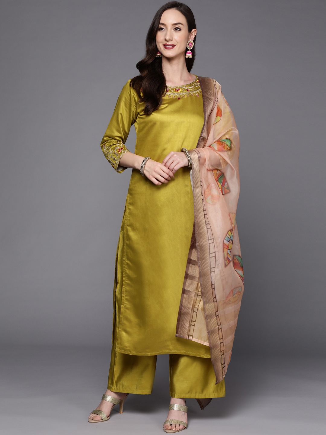 

Indo Era Women Olive Green Yoke Design Chanderi Silk Kurta with Palazzos & Dupatta