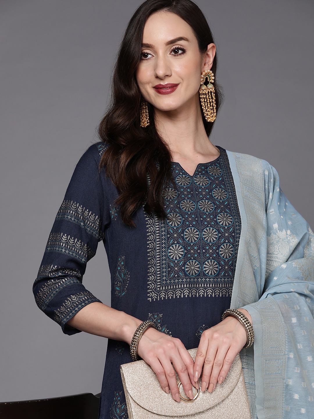 

Indo Era Women Navy Blue Ethnic Motifs Printed Kurta with Palazzos & Dupatta
