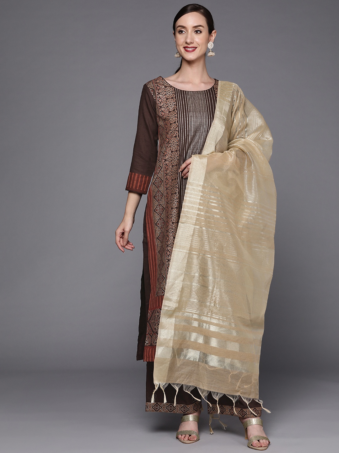 

Indo Era Women Brown & White Ethnic Motifs Printed Kurta with Palazzos & With Dupatta