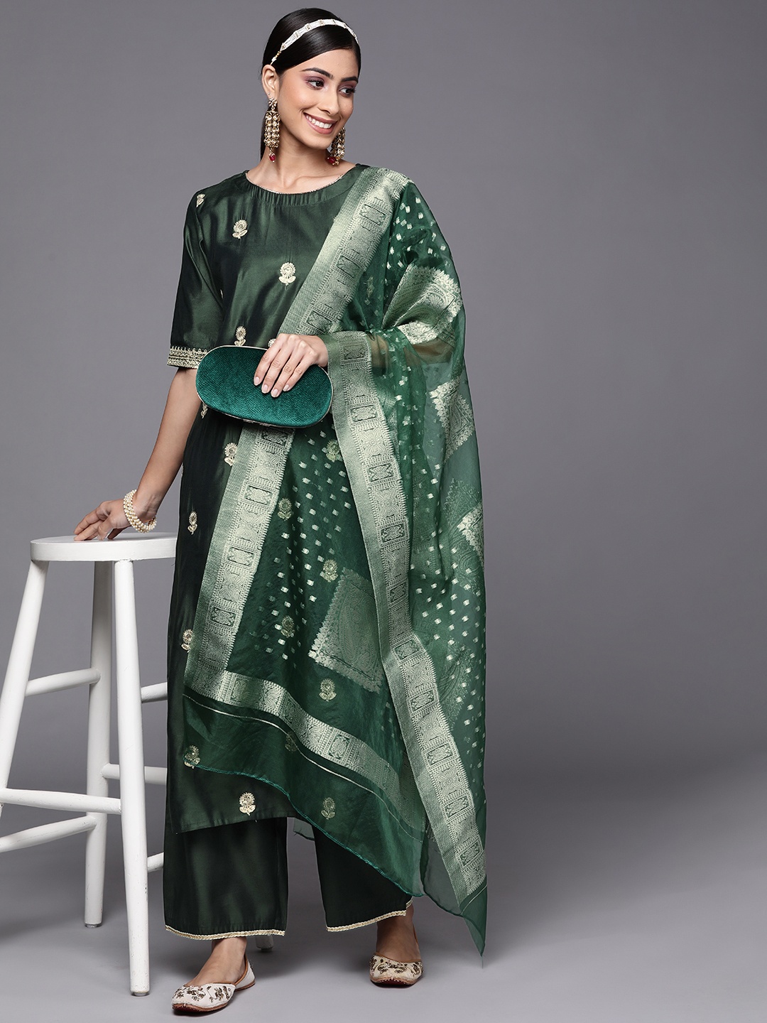 

Indo Era Women Green Ethnic Motifs Embroidered Sequinned Kurta with Trousers & With Dupatta