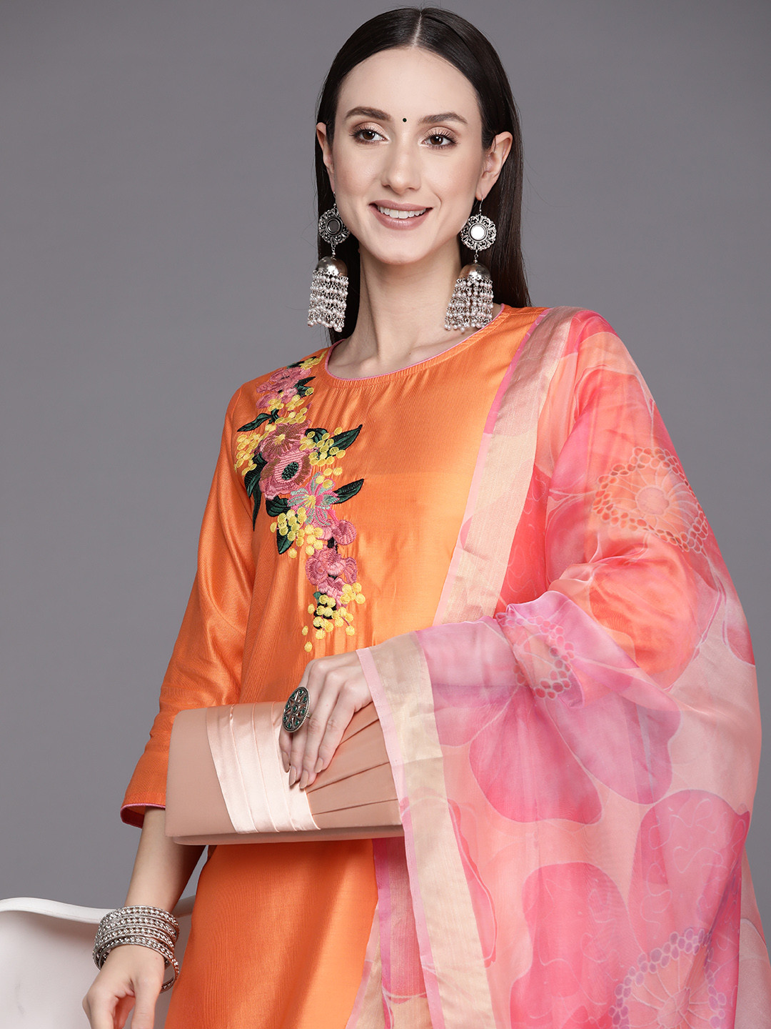 

Indo Era Women Orange Floral Embroidered Thread Work Liva Kurta with Palazzos & With Dupatta