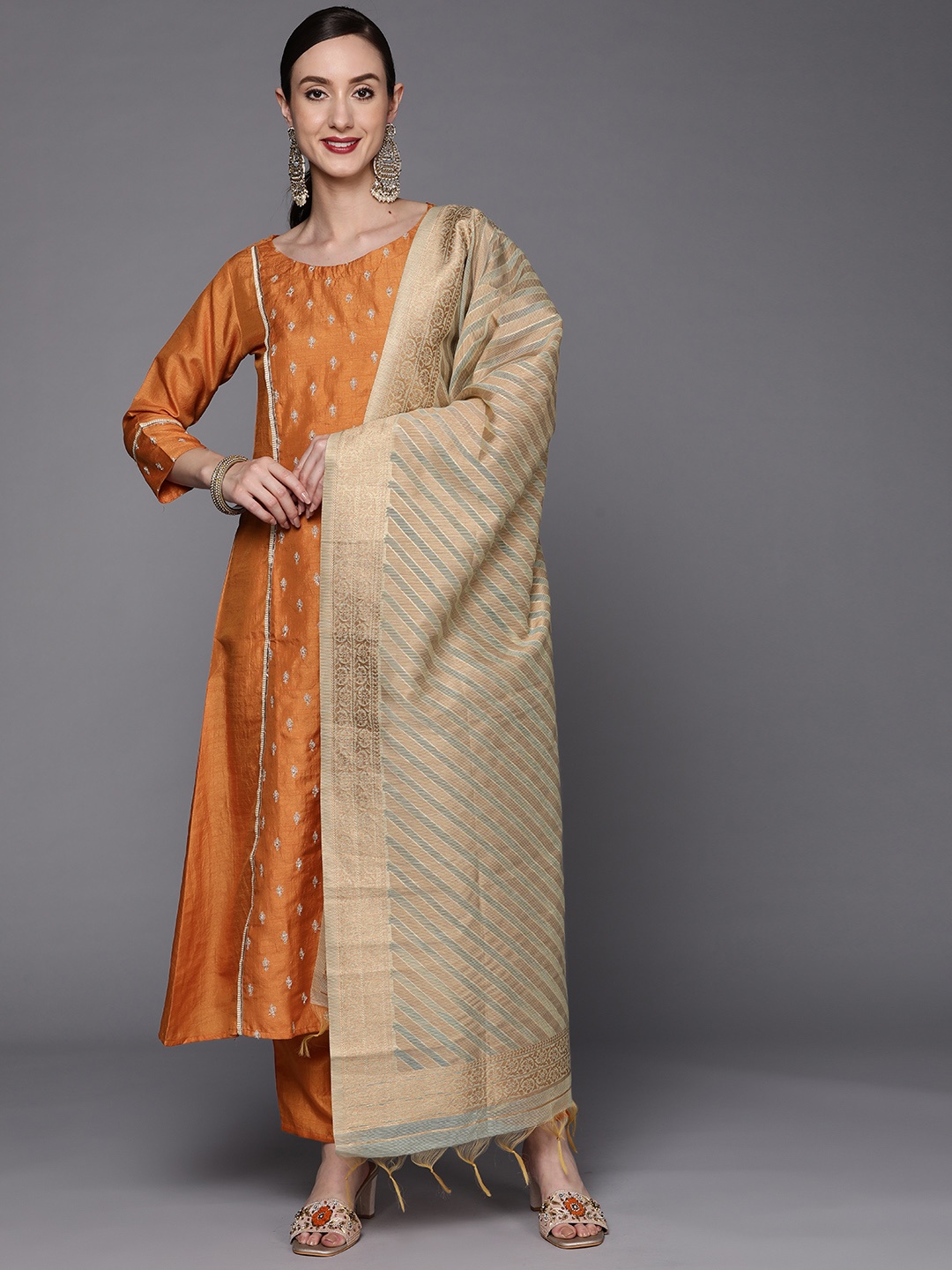 

Indo Era Women Mustard Yellow Embroidered Panelled Kurta with Trousers & Dupatta
