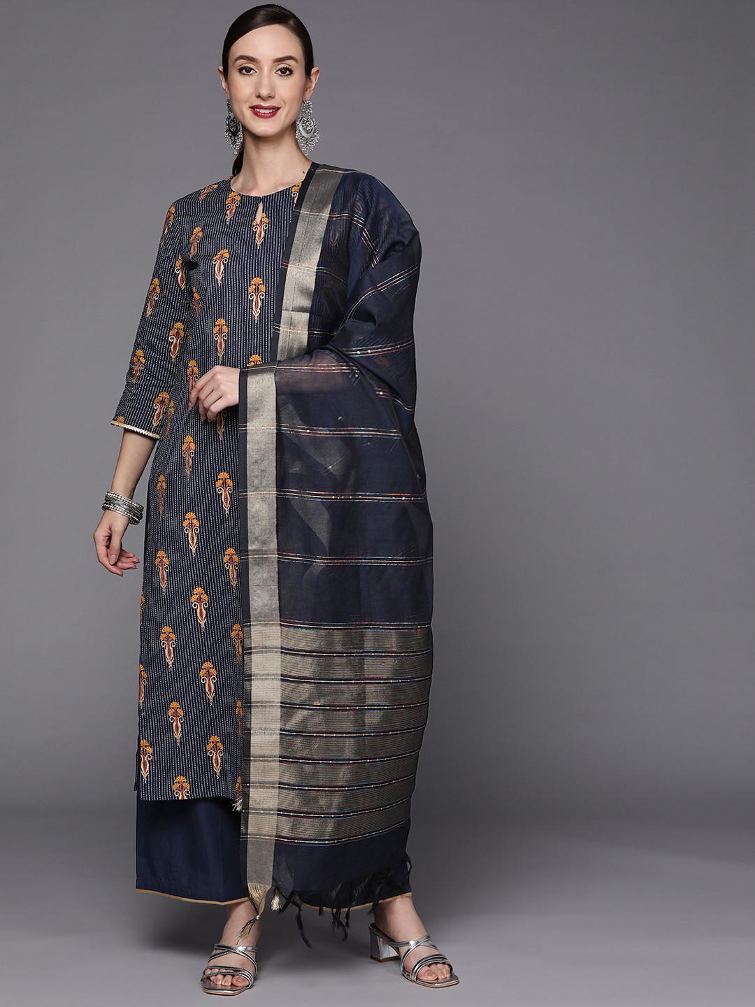 

Indo Era Women Navy Blue Ethnic Motifs Printed Kurta with Palazzos& Dupatta