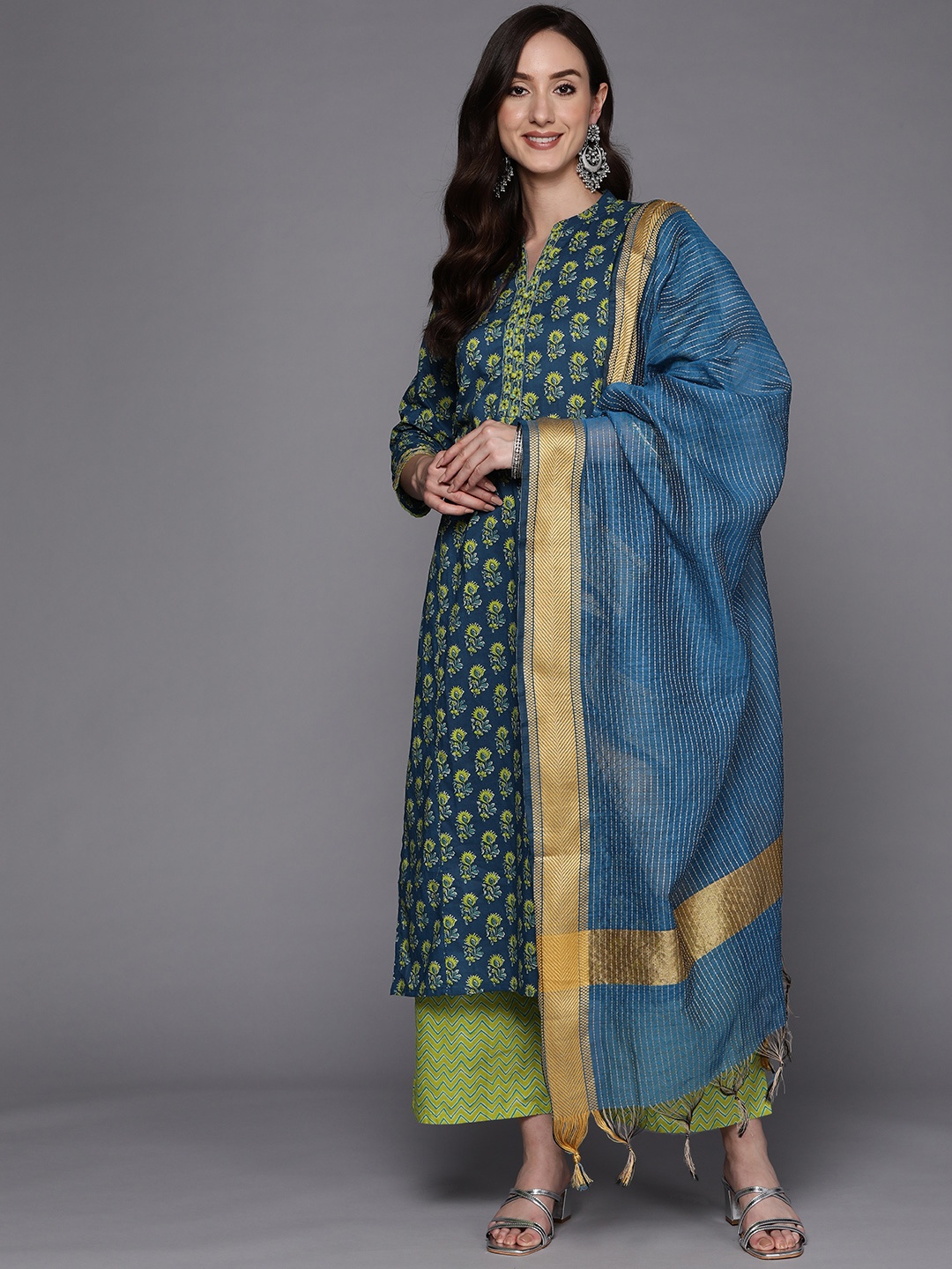 

Indo Era Women Blue Ethnic Motifs Printed Kurta with Palazzos & Dupatta