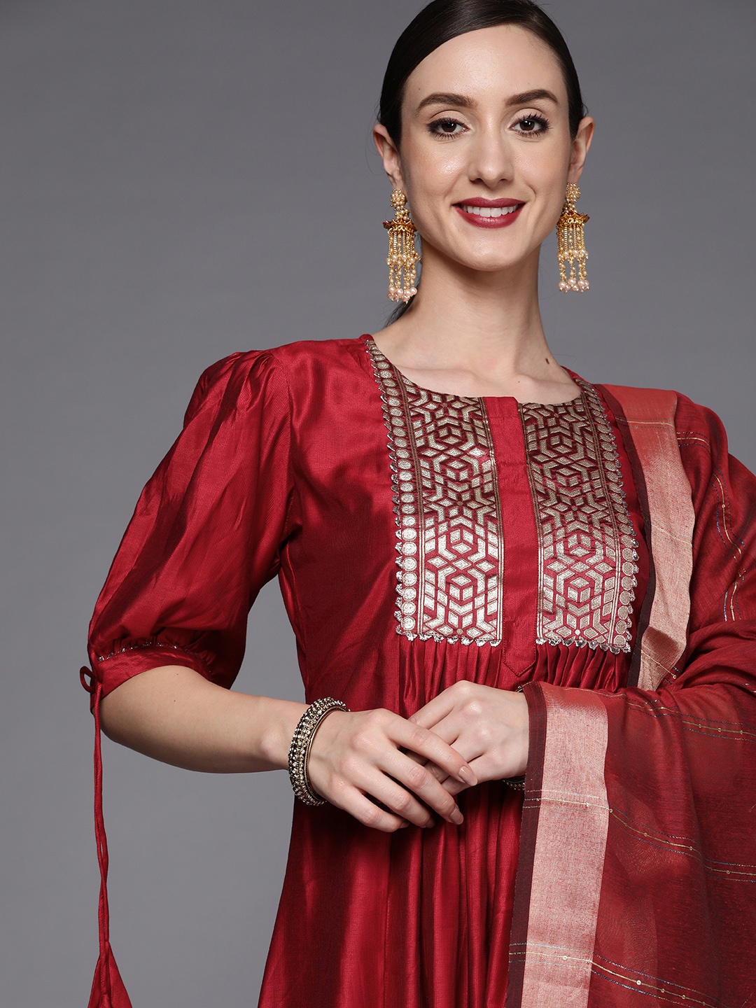 

Indo Era Women Red Yoke Design Liva Kurta with Trousers & With Dupatta