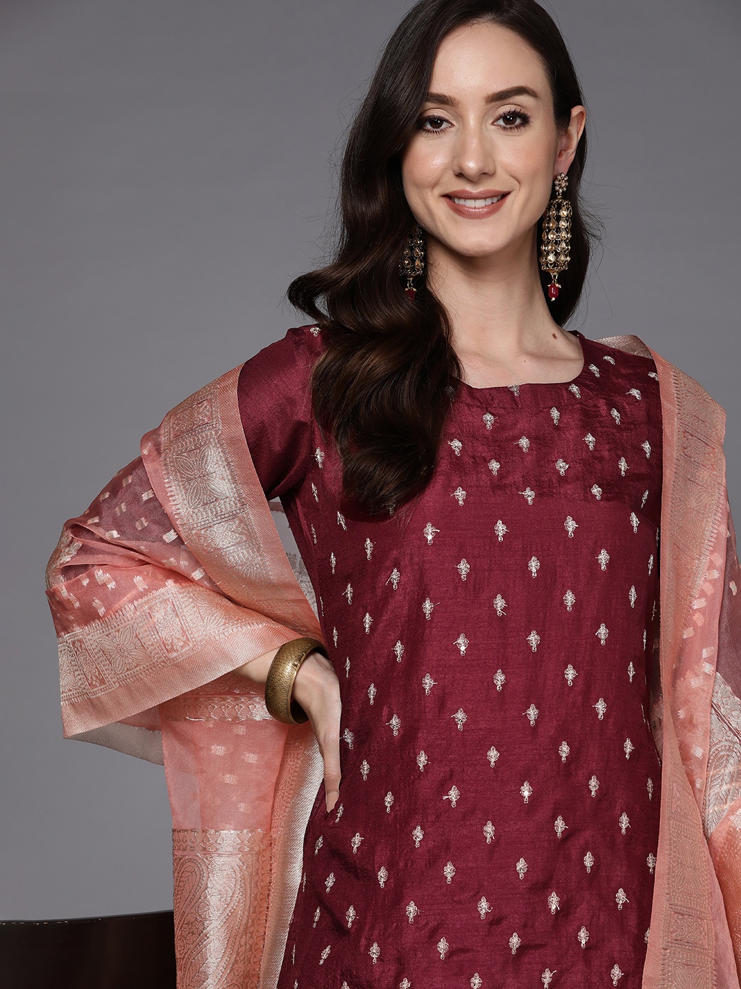 

Indo Era Women Maroon Ethnic Motifs Embroidered Sequinned Kurta with Sharara & Dupatta