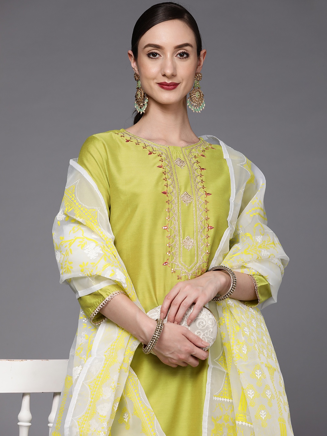 

Indo Era Women Lime Green Yoke Design Sequinned Kurta with Trousers & Dupatta