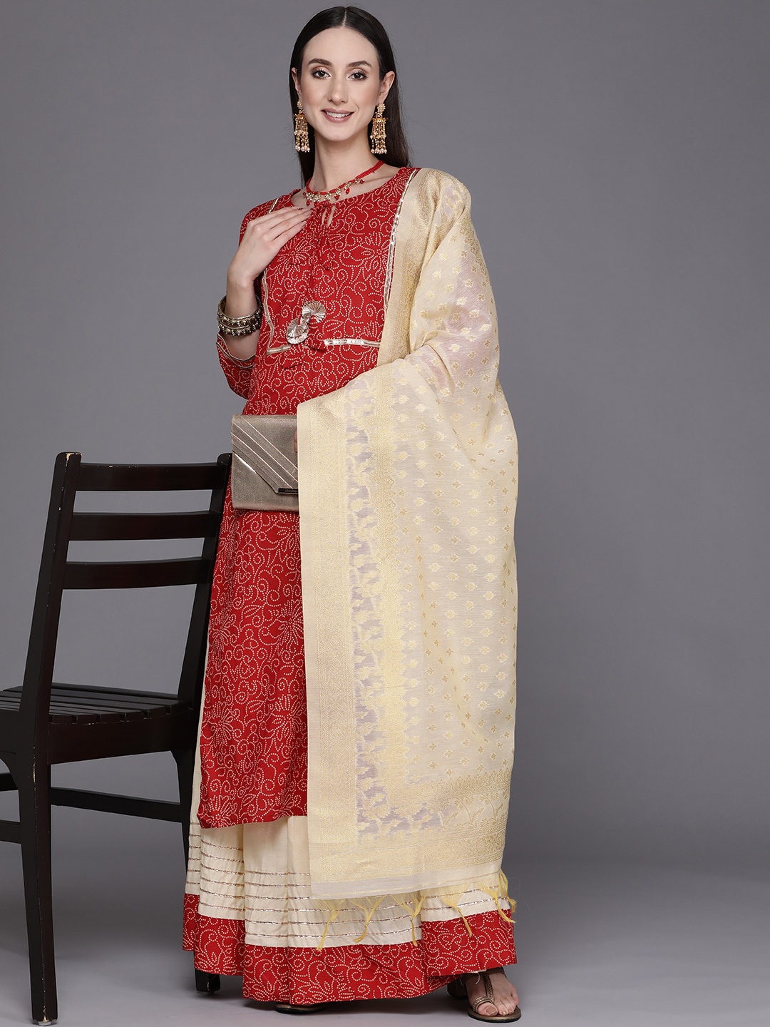 

Indo Era Women Red Pure Cotton Bandhani Printed Gotta Patti Kurta with Skirt & Dupatta
