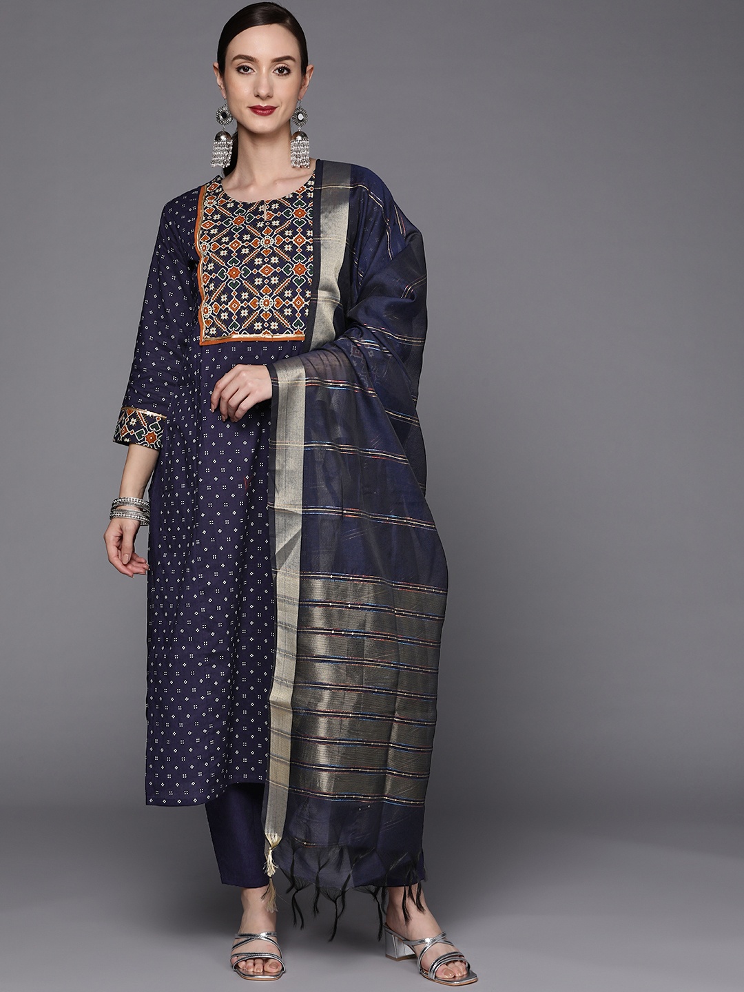 

Indo Era Women Navy Blue Ethnic Motifs Printed Pure Cotton Kurta with Trousers & Dupatta