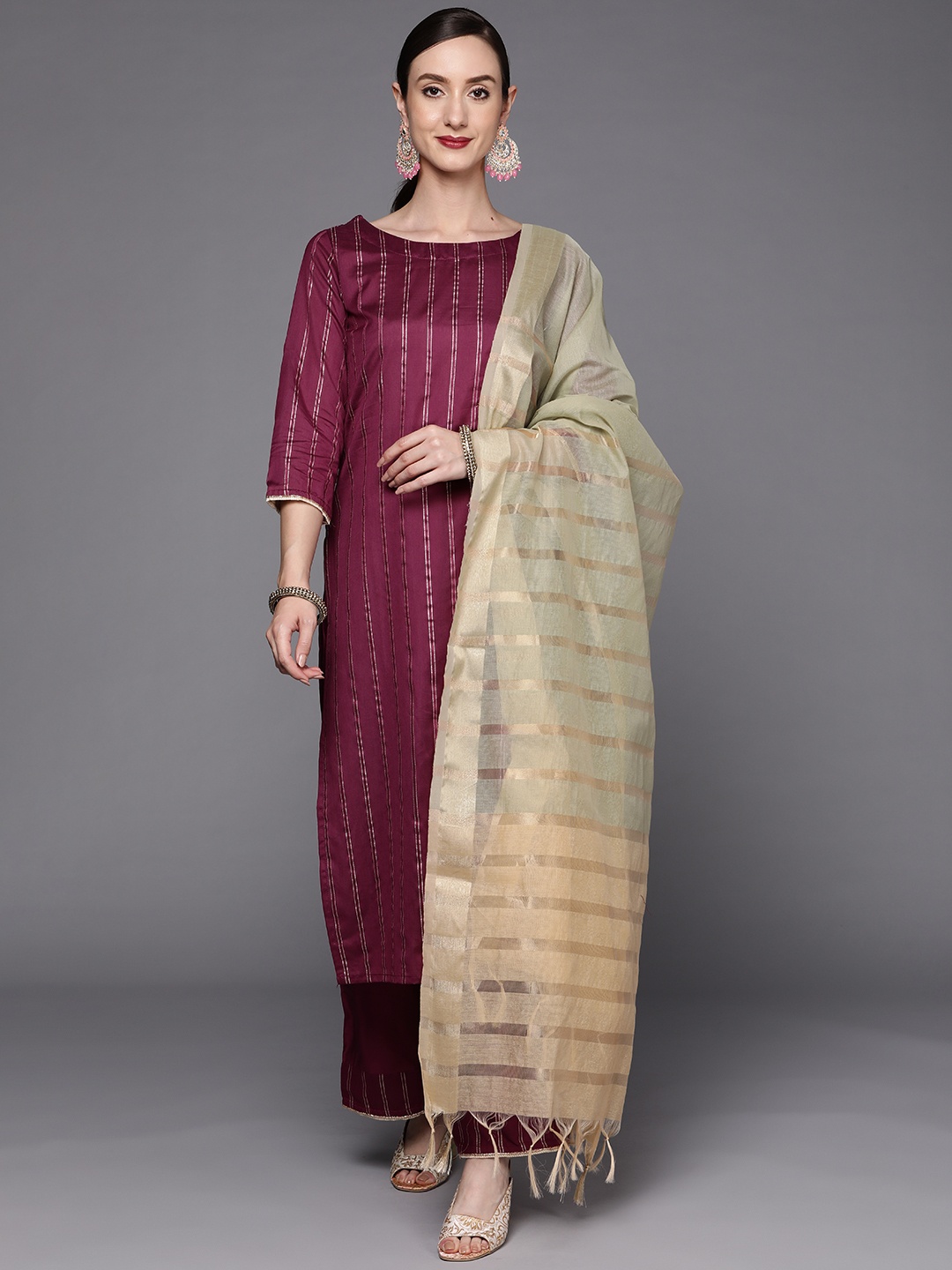

Indo Era Women Magenta Striped Liva Kurta with Palazzos & With Dupatta