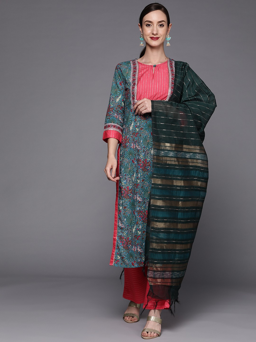 

Indo Era Women Teal Floral Printed Gotta Patti Kurta with Palazzos & With Dupatta
