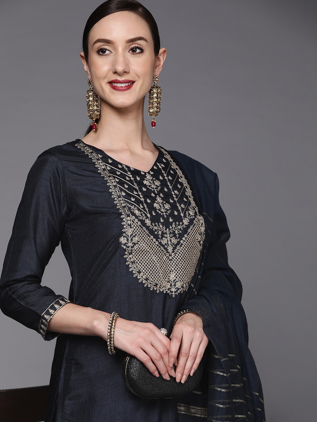 

Indo Era Women Navy Blue Ethnic Motifs Yoke Design Kurta with Palazzos & Dupatta