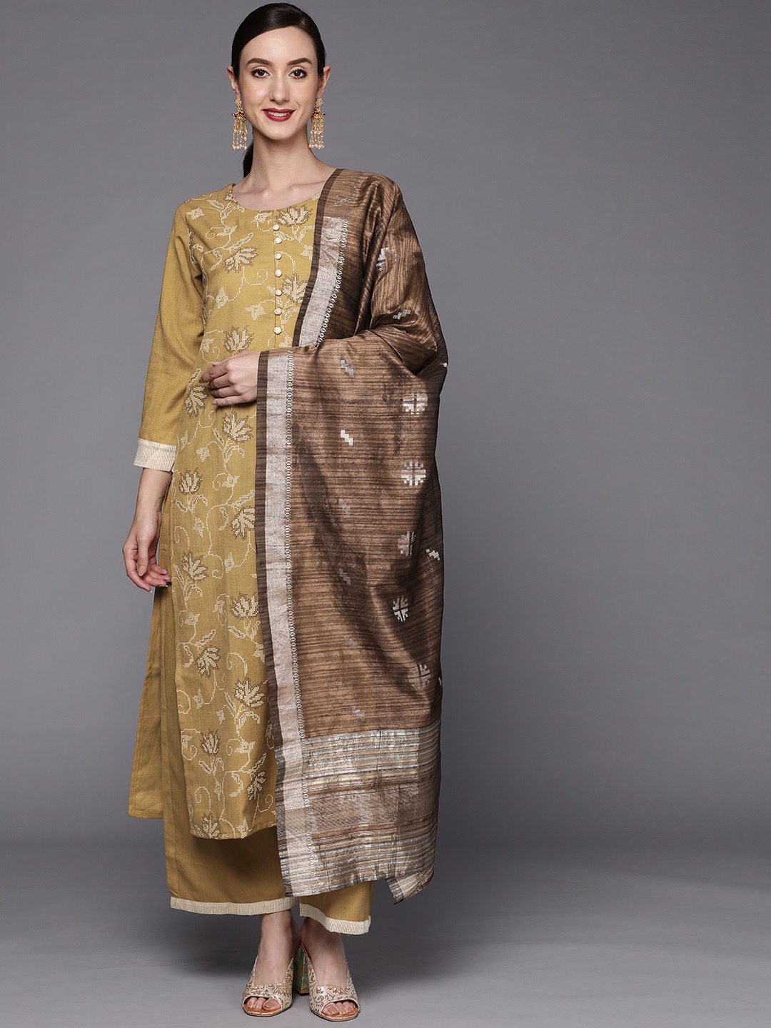 

Indo Era Women Mustard Yellow Ethnic Motifs Printed Kurta with Palazzos & Dupatta
