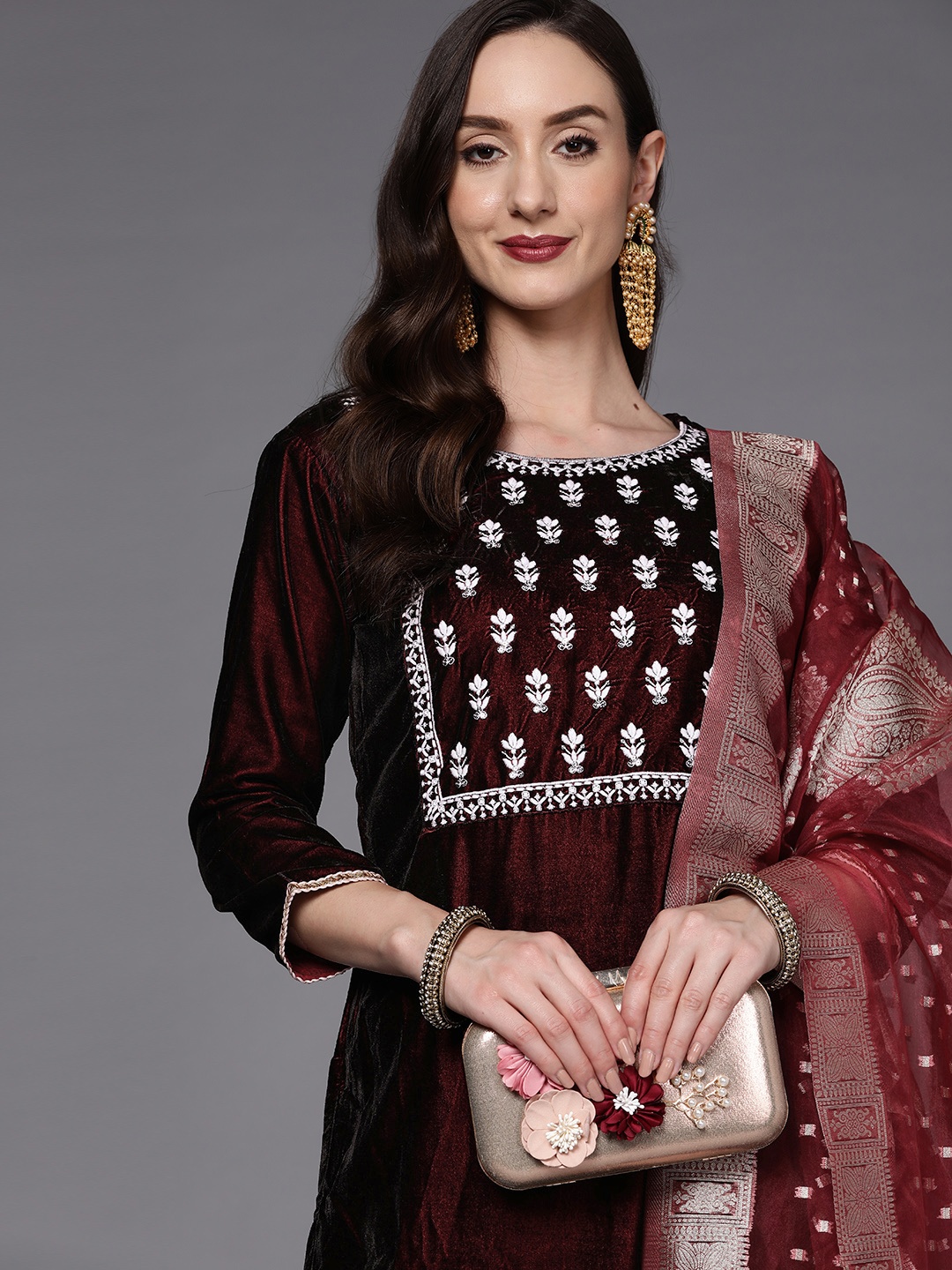 

Indo Era Women Maroon Ethnic Motifs Yoke Design Velvet Kurta with Palazzos & Dupatta