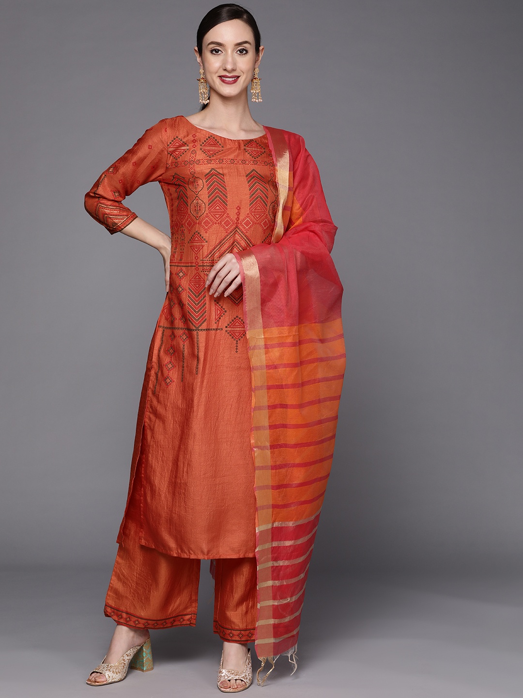 

Indo Era Women Orange Ethnic Motifs Printed Kurta with Palazzos & Dupatta
