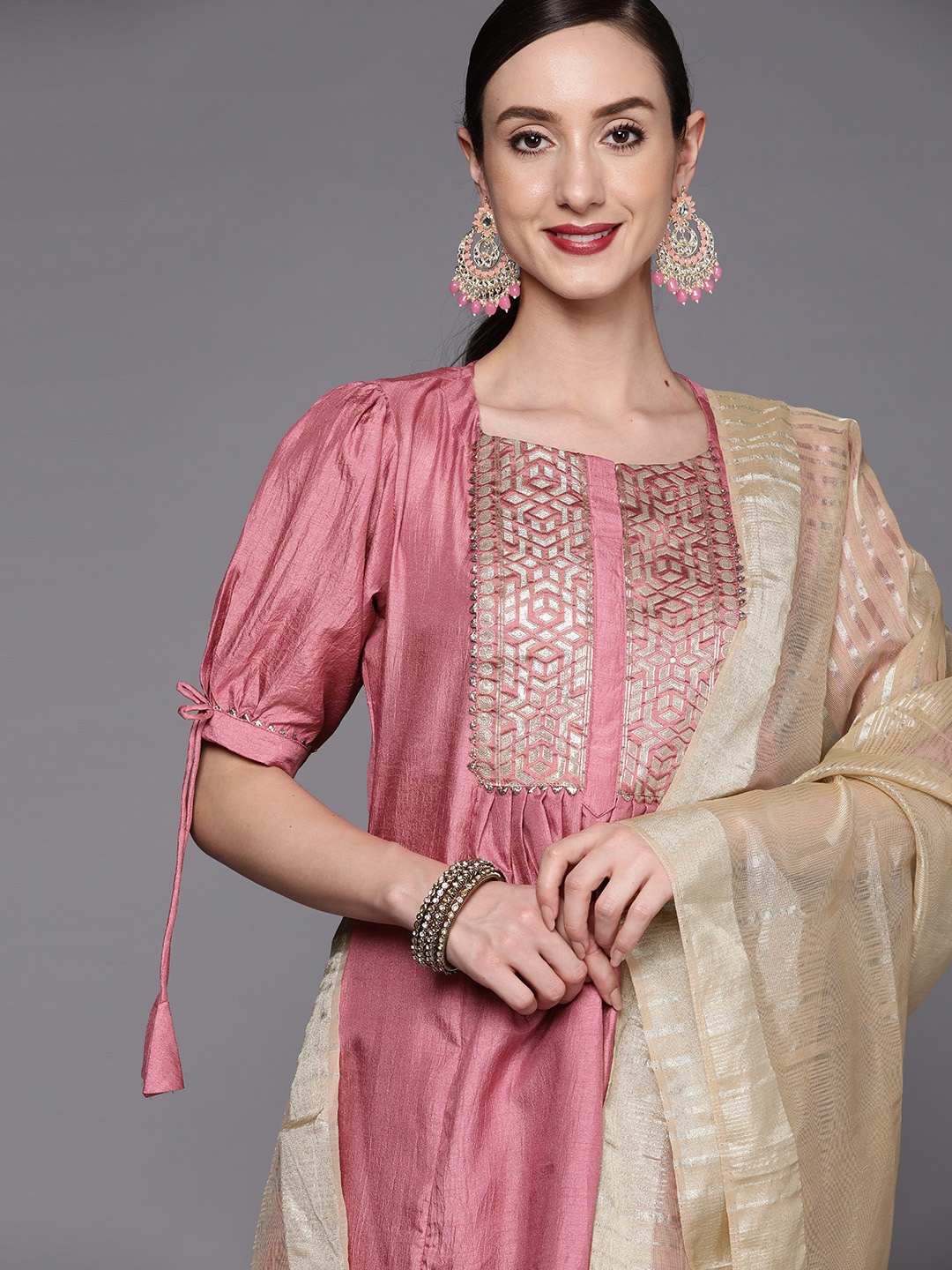 

Indo Era Women Pink Ethnic Motifs Yoke Design Liva Kurta with Trousers & Dupatta